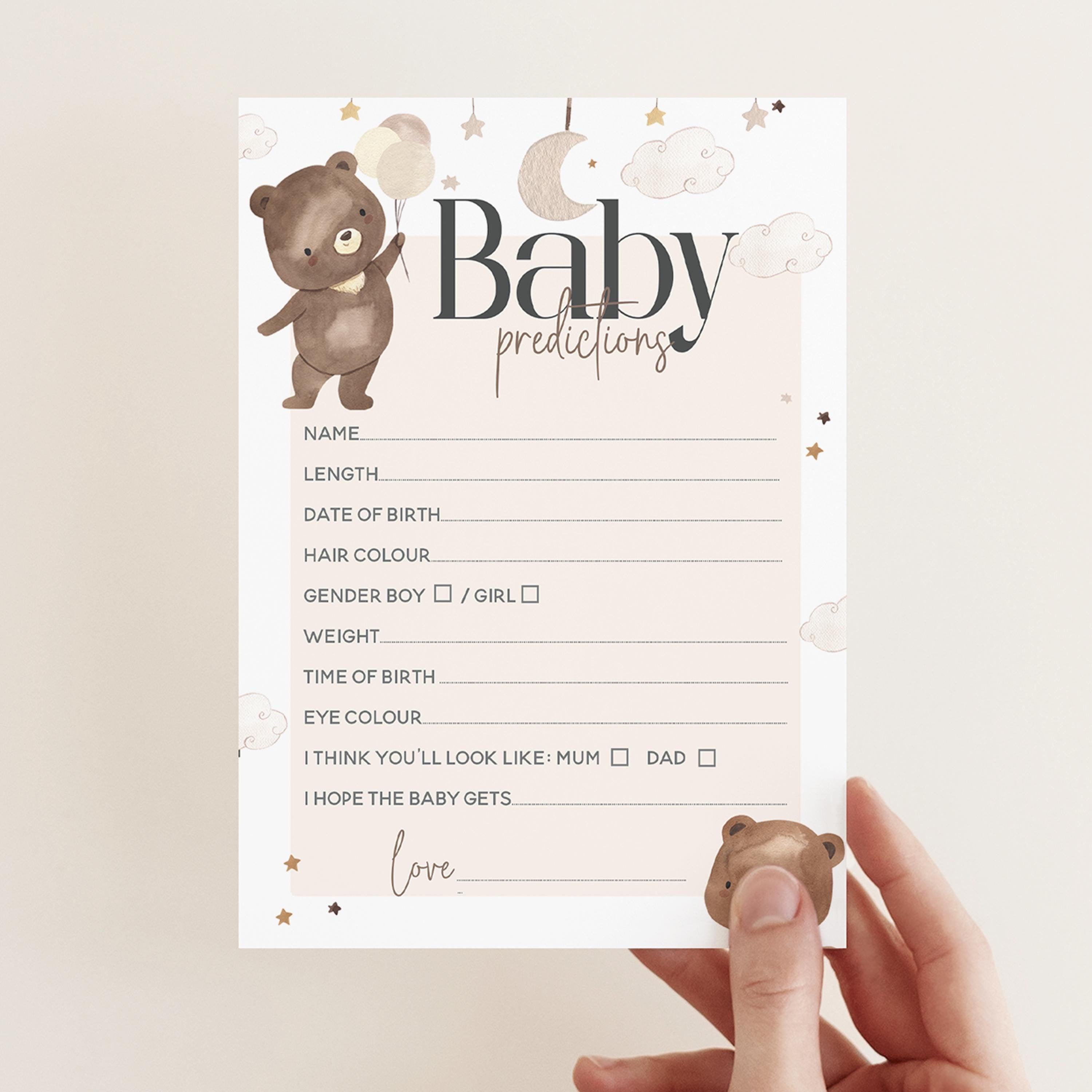 Baby Shower Bear Game Prediction Cards-Neutral Teddy Bear Theme-Bear With Balloon Baby Shower Games-Bear Predictions-Unisex Baby Shower