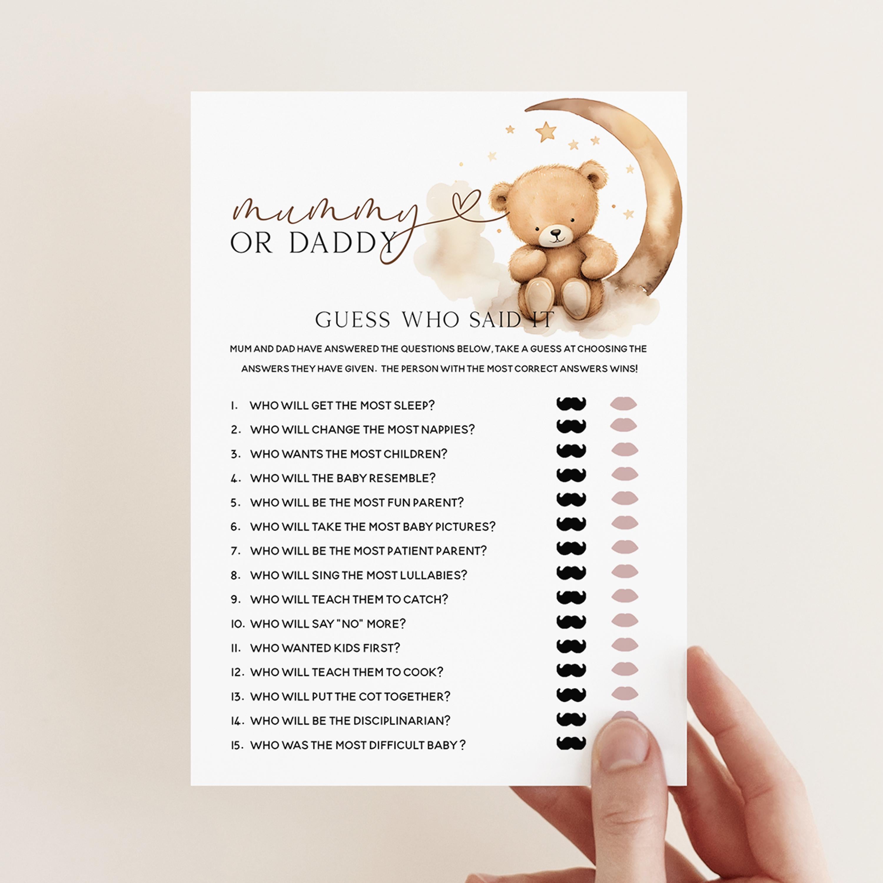 Mummy Or Daddy Baby Shower Cards-Teddy Bear Baby Shower-Neutral Theme-Baby Shower Games-Bear and Moon Design-Baby Sprinkle-He or She Game