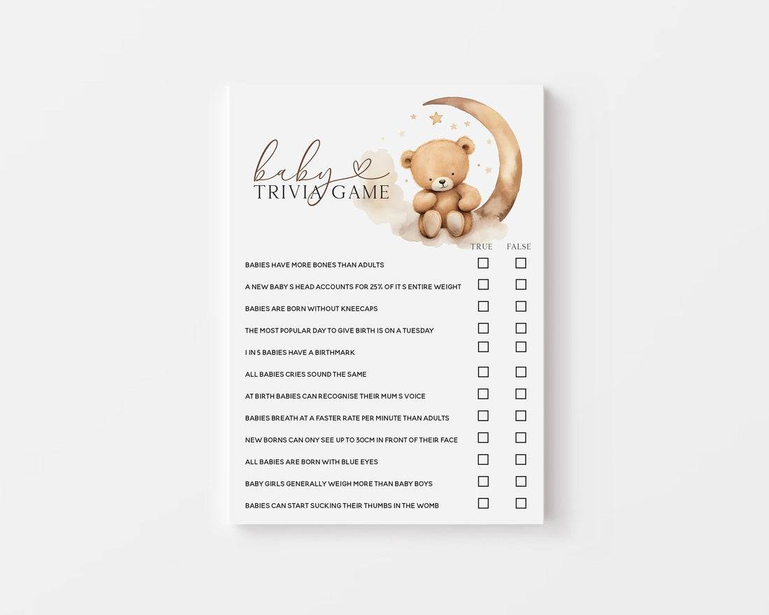 True or False Baby Shower Game Cards-Teddy Bear Baby Shower-Neutral Theme-Baby Shower Games-Bear and Moon Design-Baby Sprinkle-Baby Trivia
