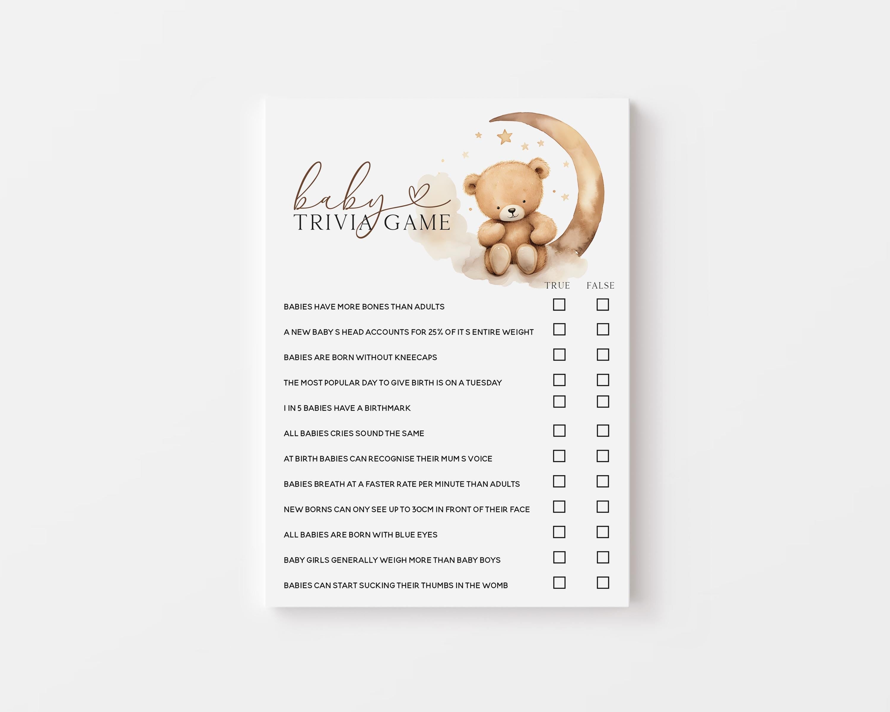 True or False Baby Shower Game Cards-Teddy Bear Baby Shower-Neutral Theme-Baby Shower Games-Bear and Moon Design-Baby Sprinkle-Baby Trivia
