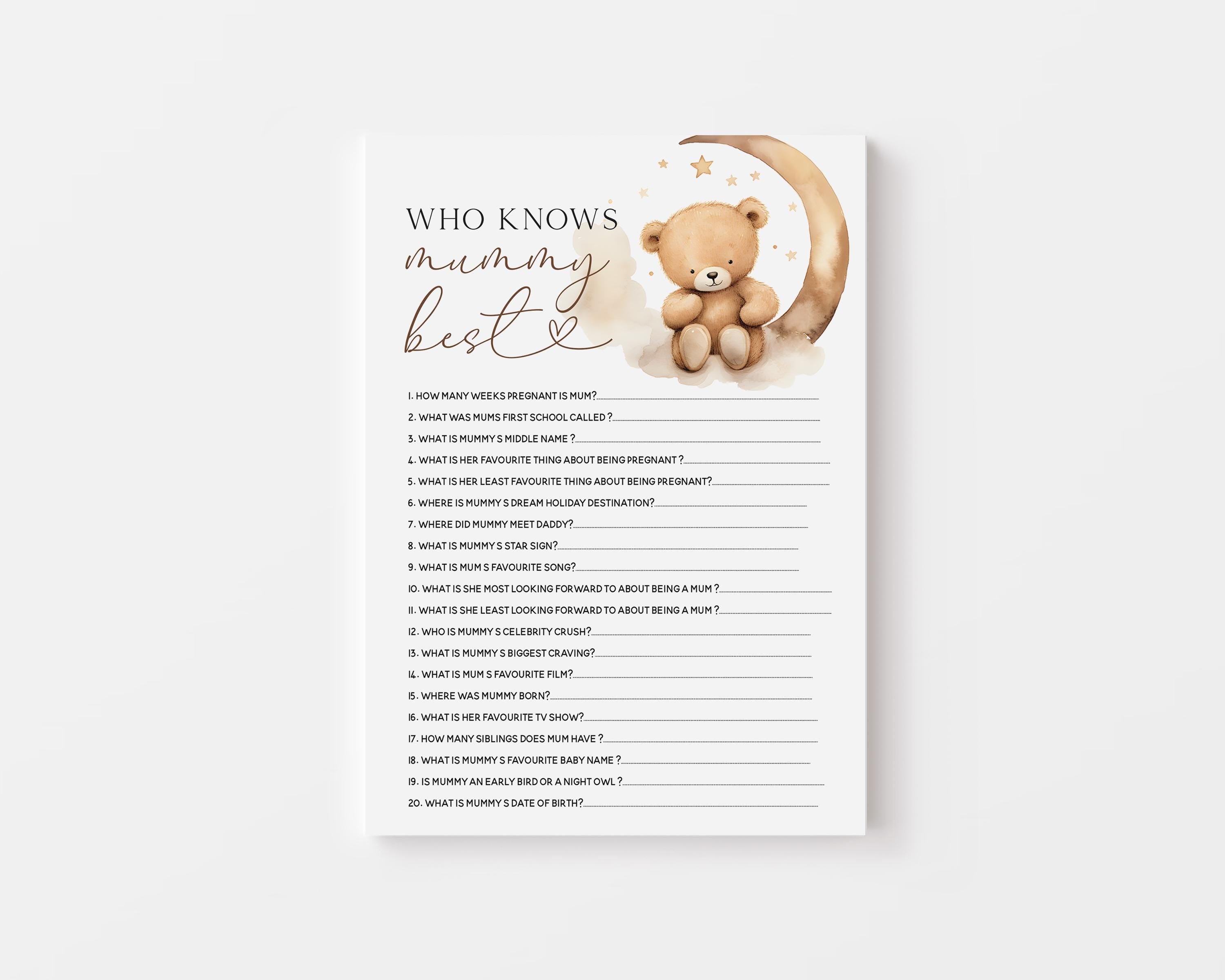 Who Knows Mummy Best Baby Shower Game Cards-Teddy Bear Baby Shower-Neutral Theme-Baby Shower Games-Bear and Moon Design-Baby Sprinkle
