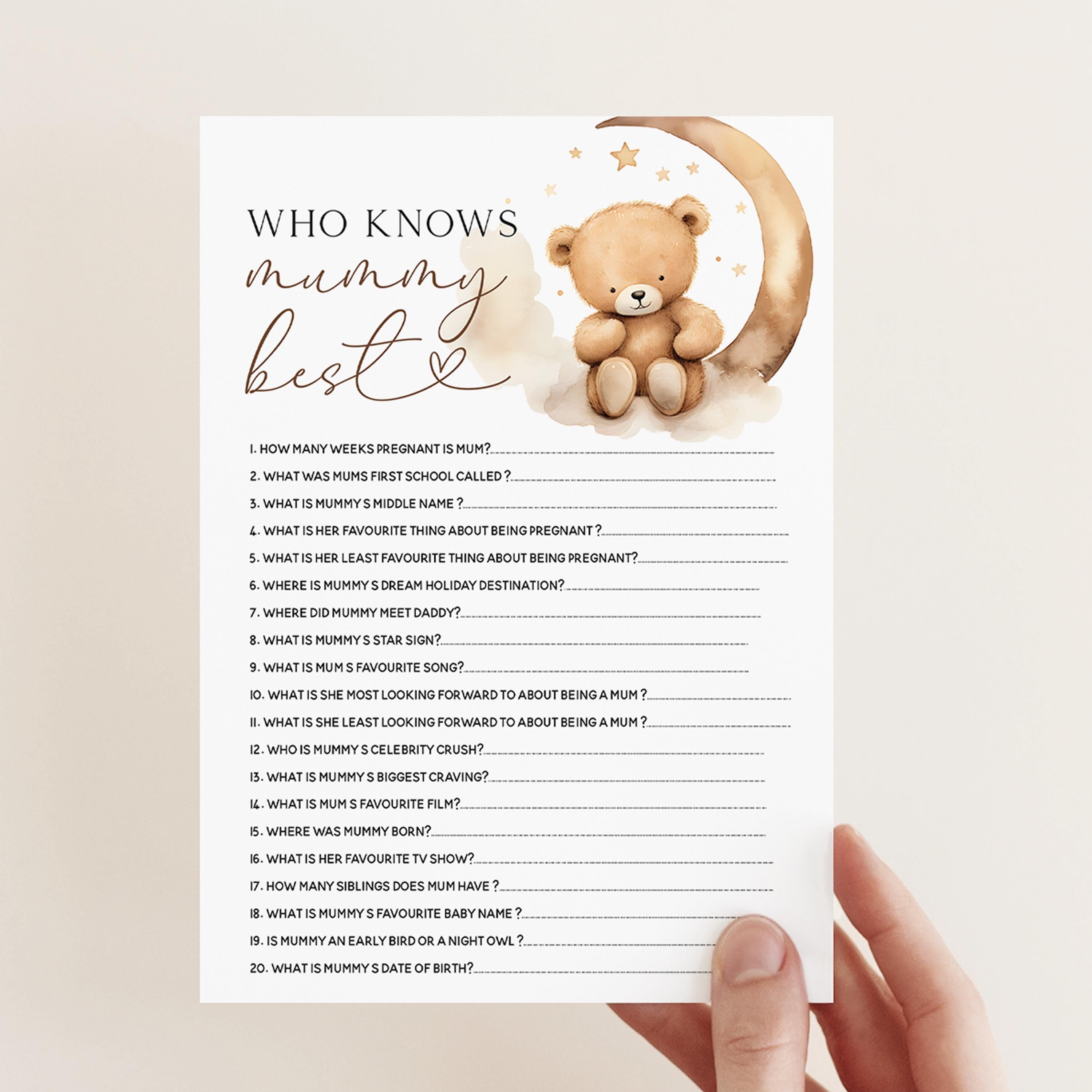 Who Knows Mummy Best Baby Shower Game Cards-Teddy Bear Baby Shower-Neutral Theme-Baby Shower Games-Bear and Moon Design-Baby Sprinkle