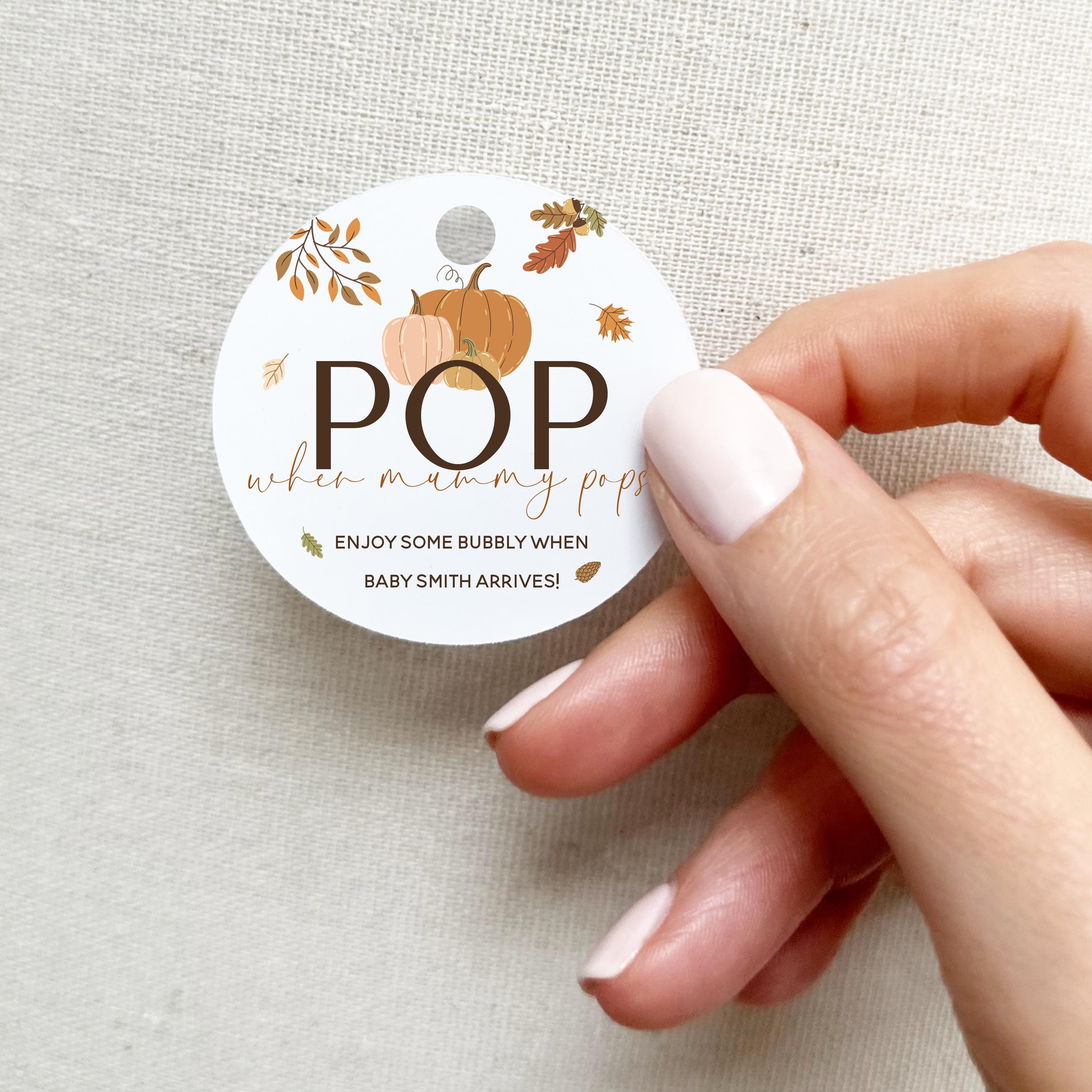 Autumn Pumpkin Baby Shower Pop When Mummy Pops Personalised Tags