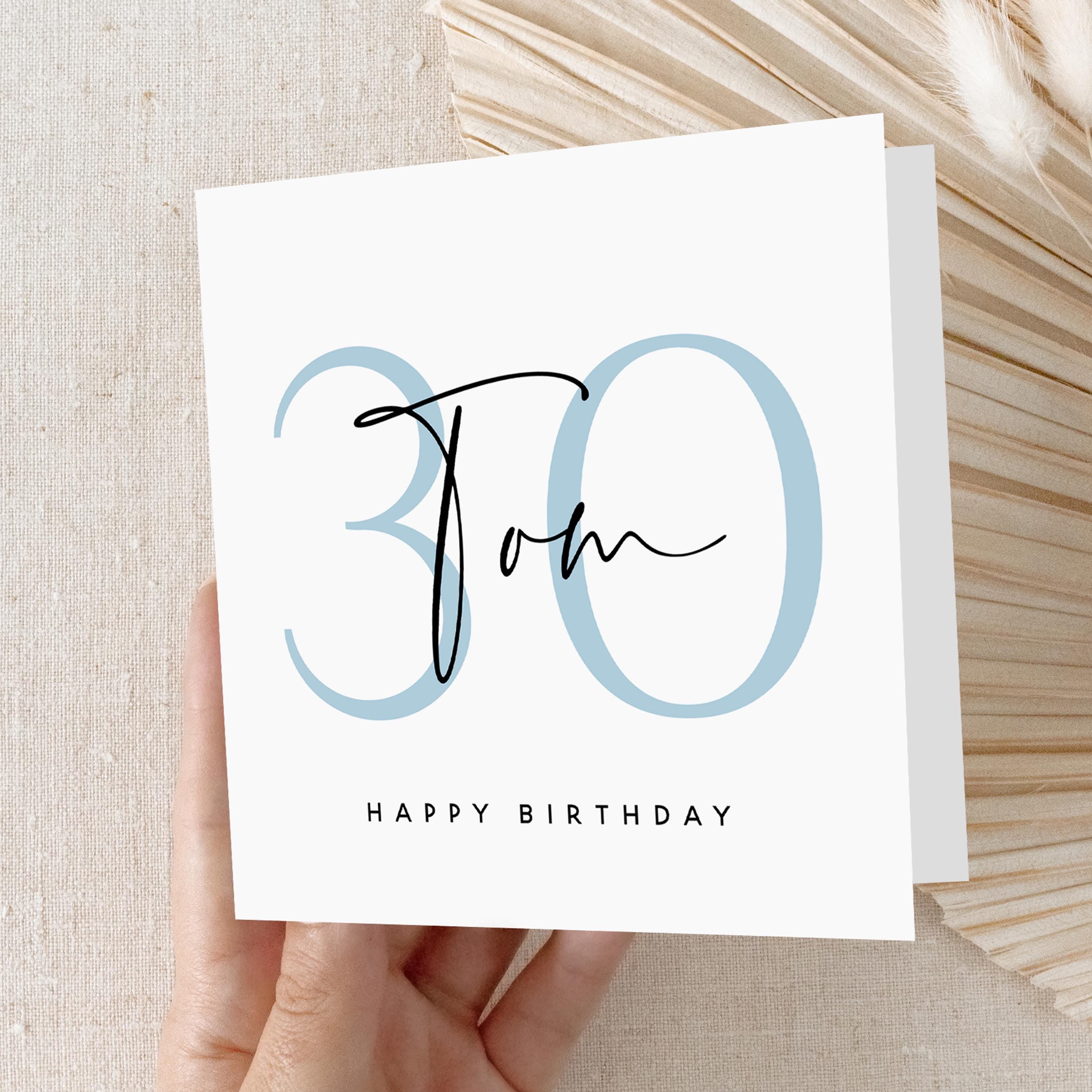 Personalised 30th Birthday Card, Special Milestone Card, Birthday For Son,Boyfriend, Nephew Script & Blue 30, Thirty Minimal-Kraft Envelope