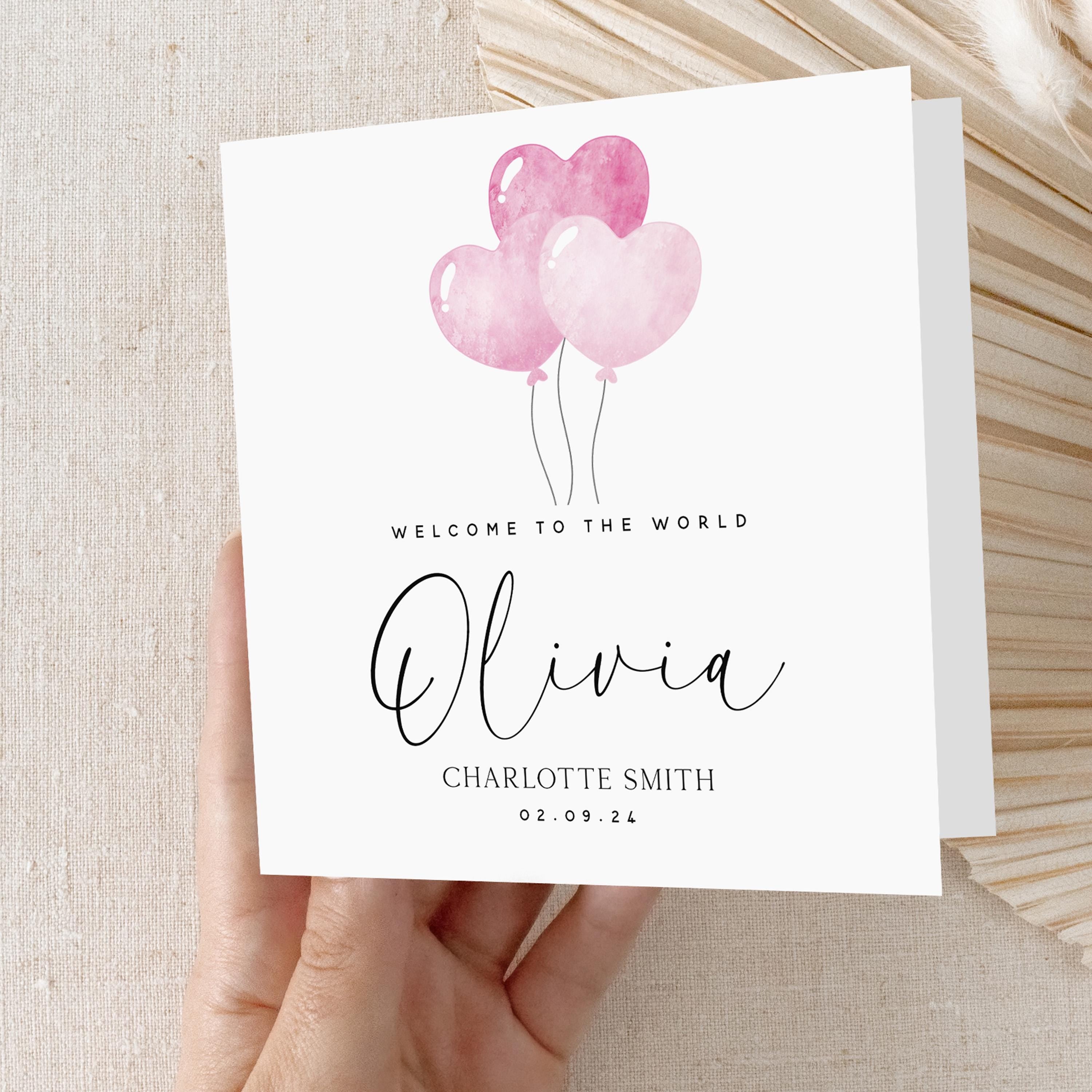 Pink Heart Balloon Welcome To The World Personalised New Baby Girl Card