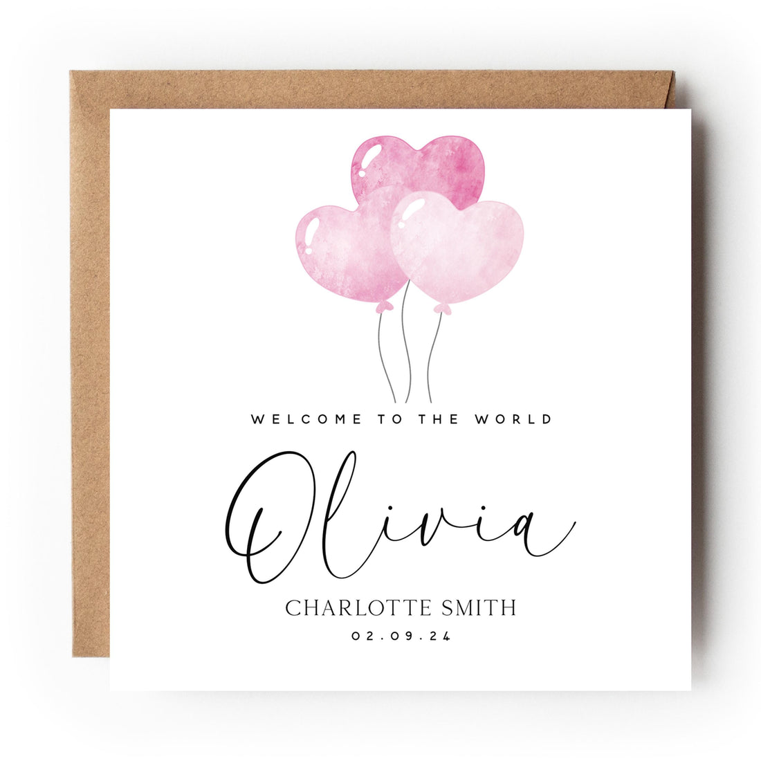 Pink Heart Balloon Welcome To The World Personalised New Baby Girl Card