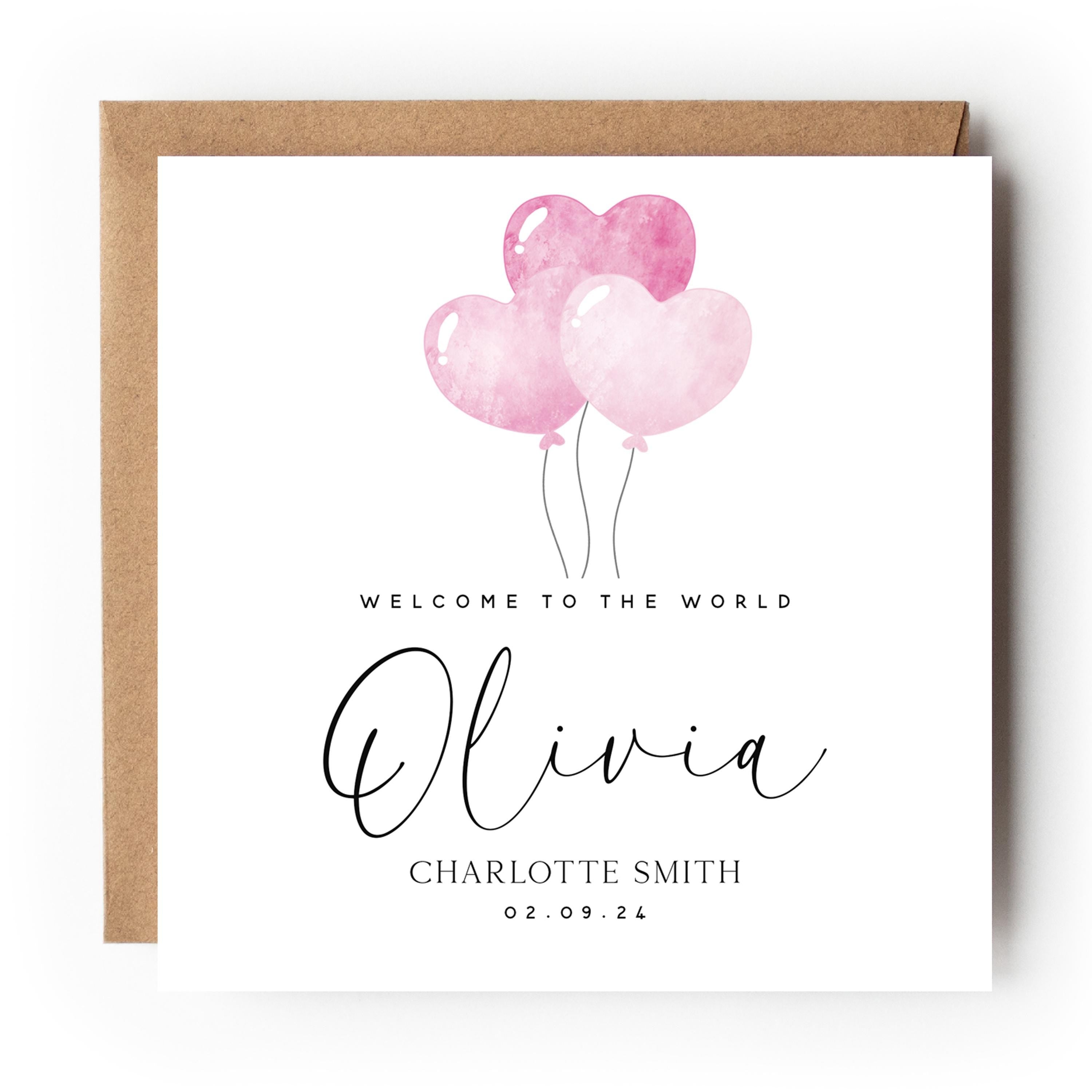 Pink Heart Balloon Welcome To The World Personalised New Baby Girl Card
