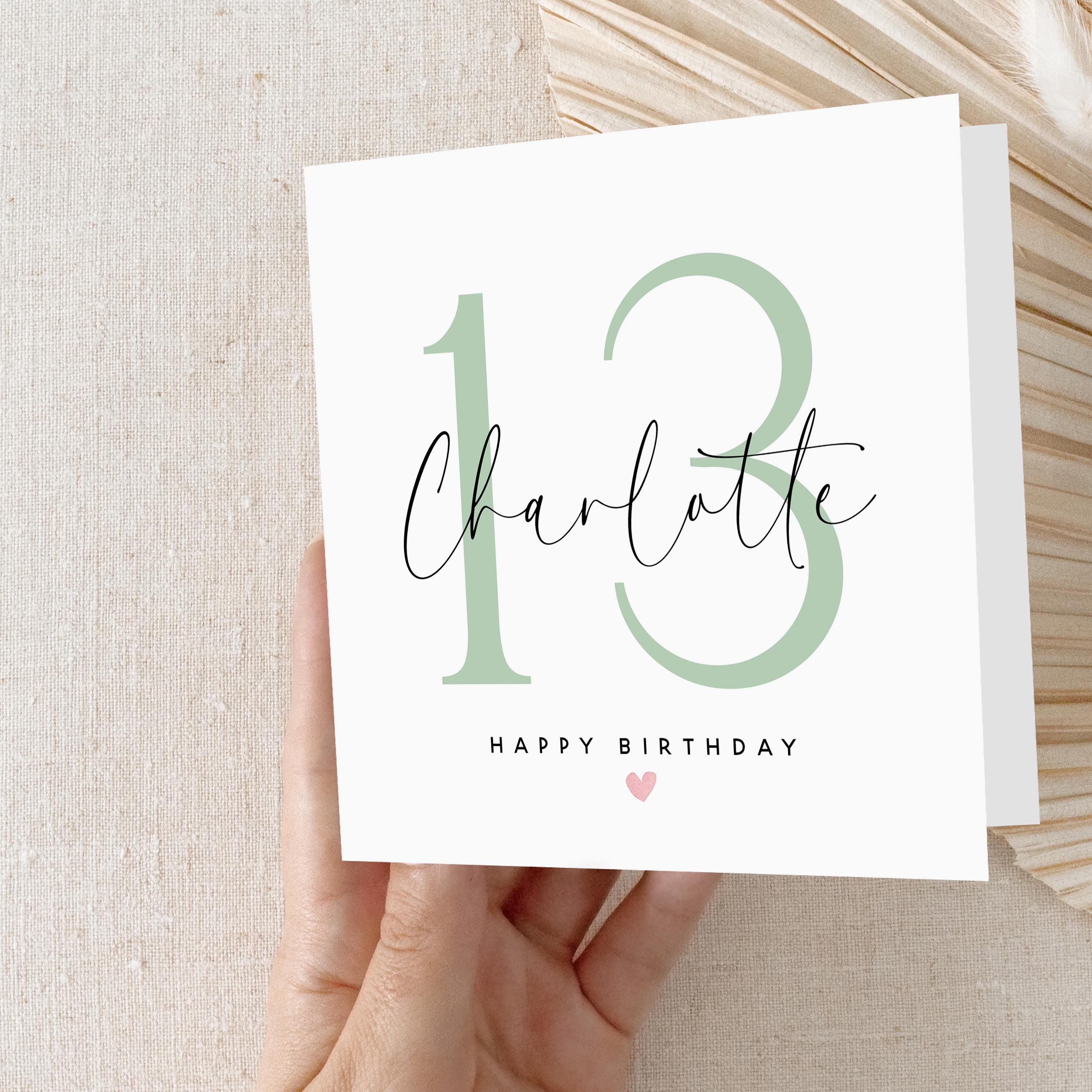 Personalised Script & Sage Green 13th Birthday Card