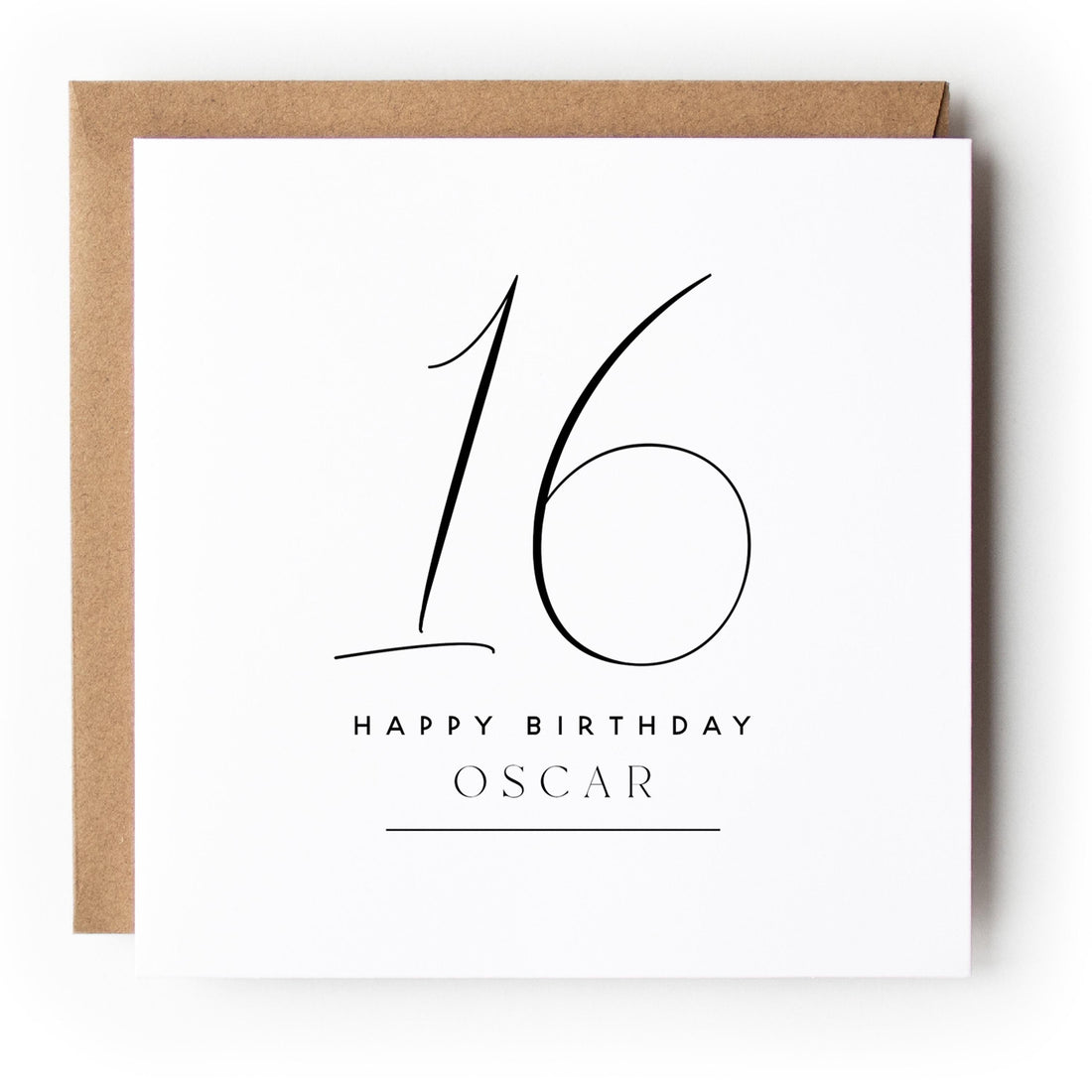 Personalised 16th Birthday Card, Special Milestone Card, Birthday For Son, Nephew, Grandson, Script Font Minimal, Eighteen-Kraft Envelope