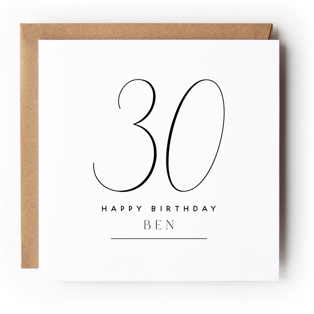 Personalised 30th Birthday Card, Special Milestone Card, Birthday For Son, Boyfriend, Nephew Script Font 30, Thirty Minimal-Kraft Envelope