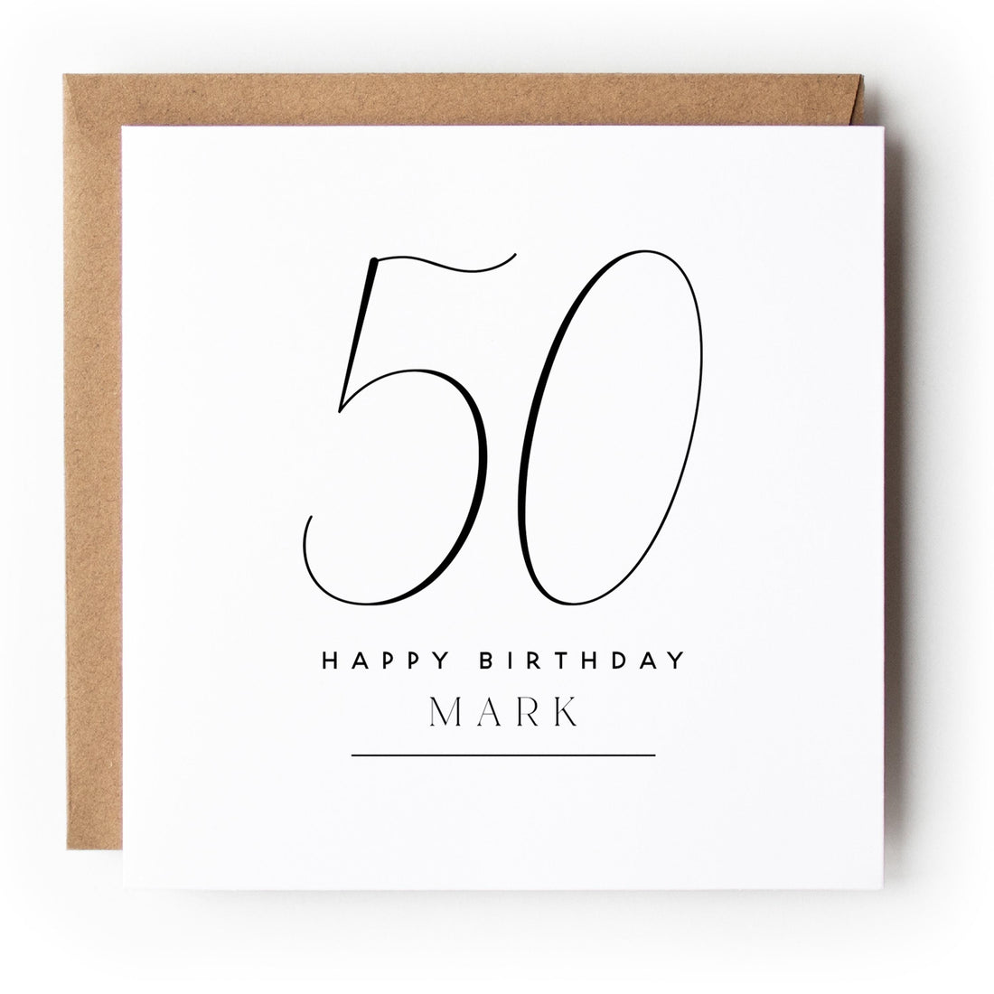 Personalised 50th Birthday Card, Special Milestone Card, Birthday For Husband, Dad, Grandad Script Font 50, Fifty Minimal-Kraft Envelope