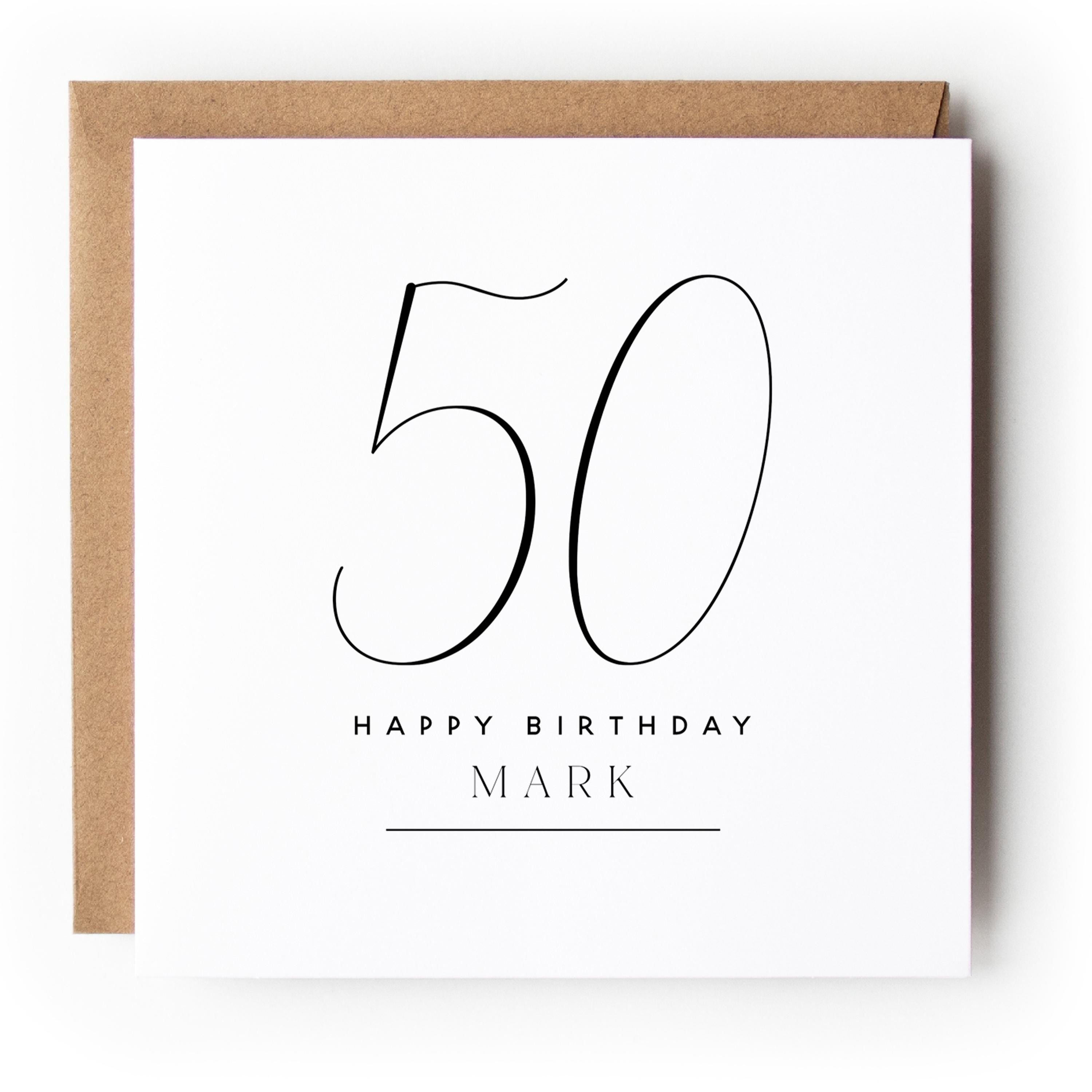 Personalised 50th Birthday Card, Special Milestone Card, Birthday For Husband, Dad, Grandad Script Font 50, Fifty Minimal-Kraft Envelope