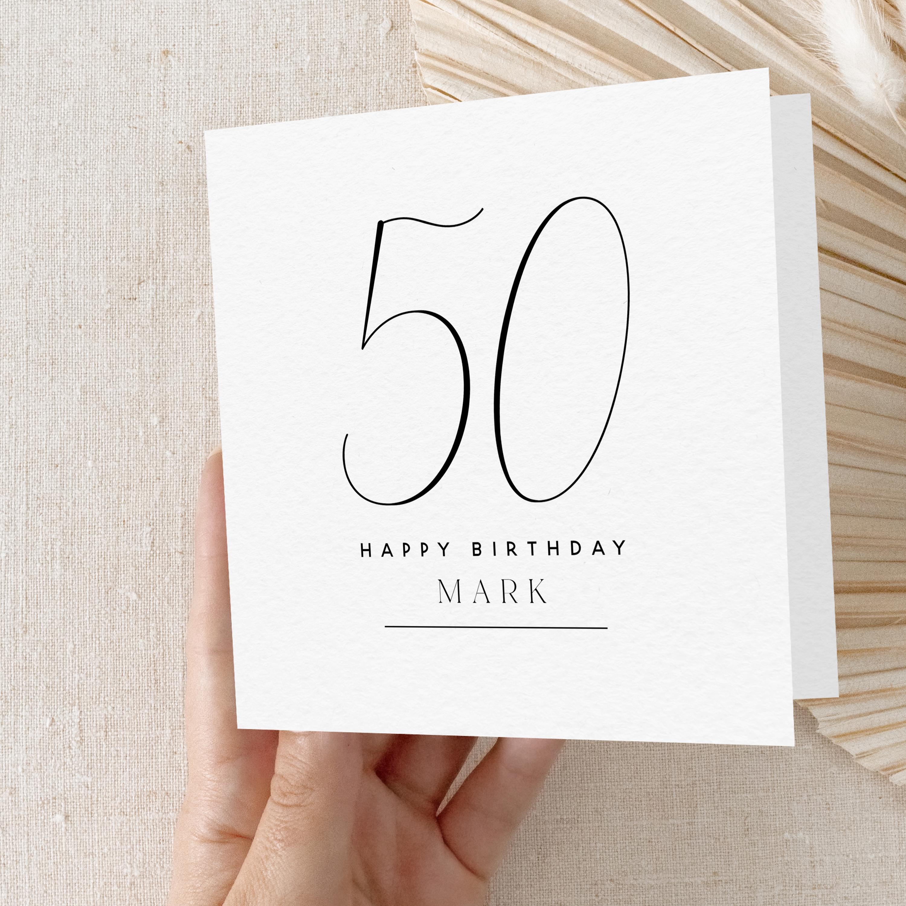 Personalised 50th Birthday Card, Special Milestone Card, Birthday For Husband, Dad, Grandad Script Font 50, Fifty Minimal-Kraft Envelope