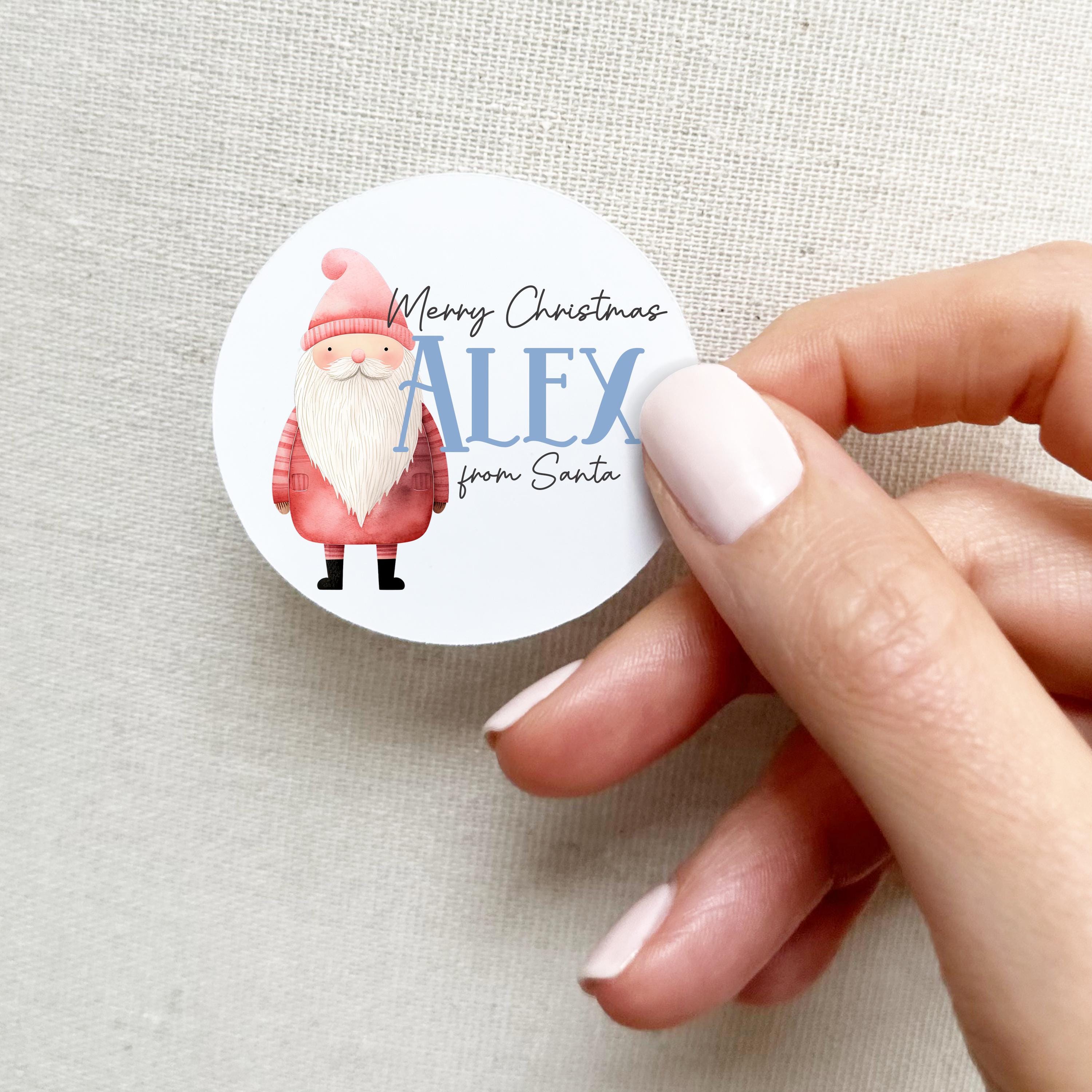 Personalised Christmas Stickers Blue Font Santa Present Labels