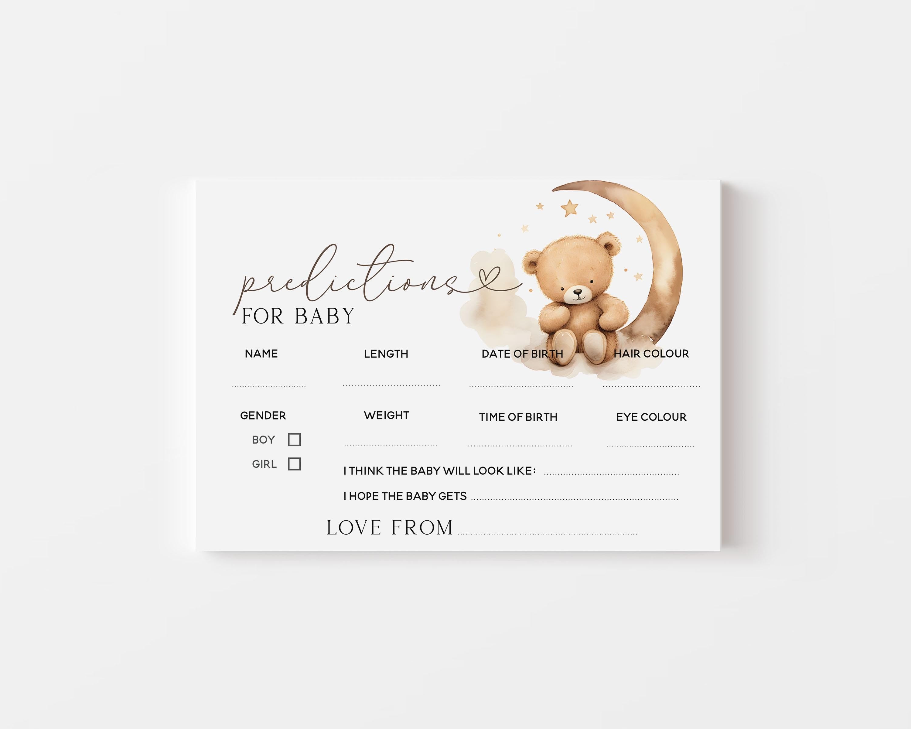 Baby Prediction Cards-Teddy Bear Baby Shower-Neutral Theme-Baby Shower Games-Bear and Moon Design-Baby Sprinkle-Guess The Baby Weight Date