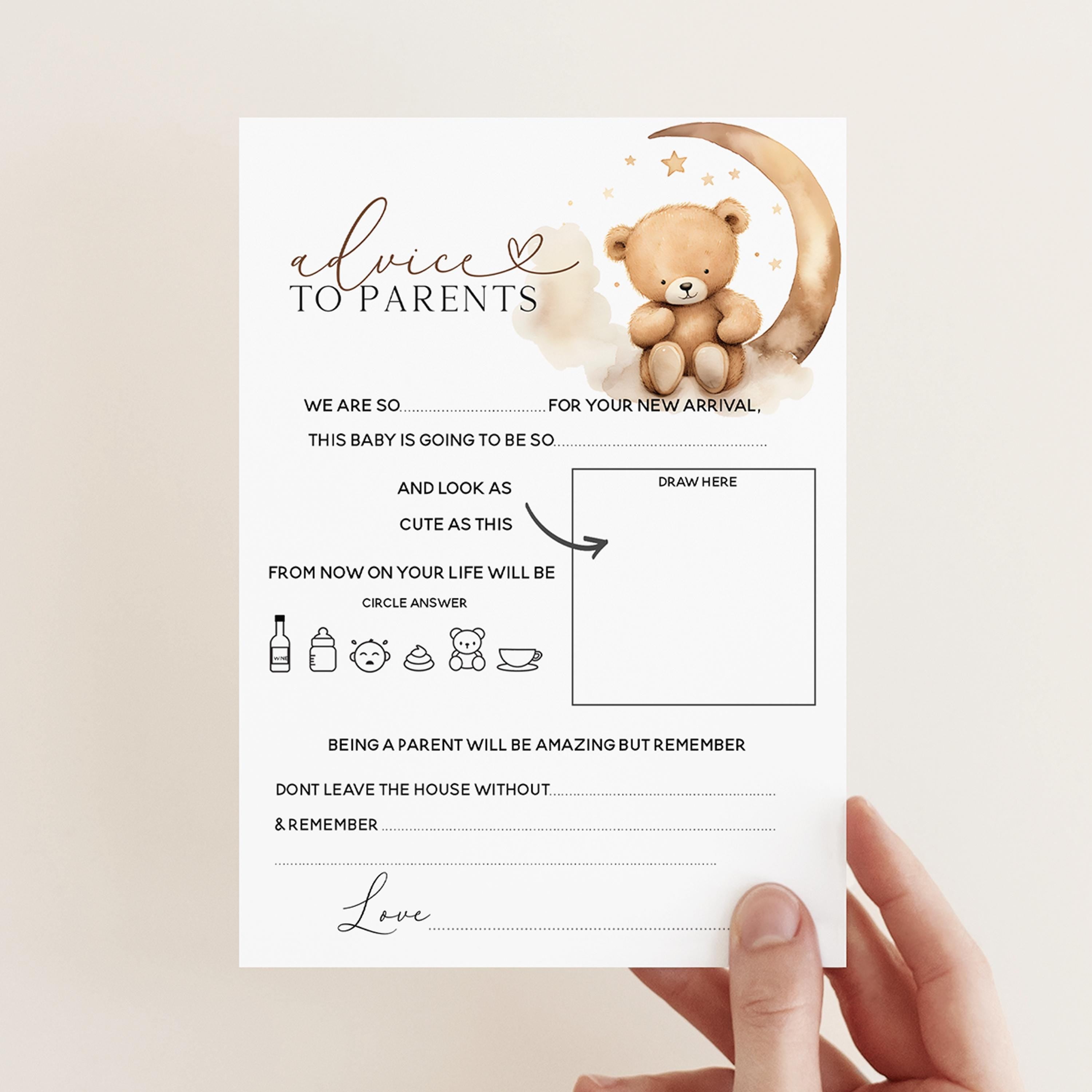 Baby Advice To Parents Cards-Teddy Bear Baby Shower-Neutral Theme-Baby Shower Games-Bear and Moon Design-Baby Sprinkle-Baby Advice Cards