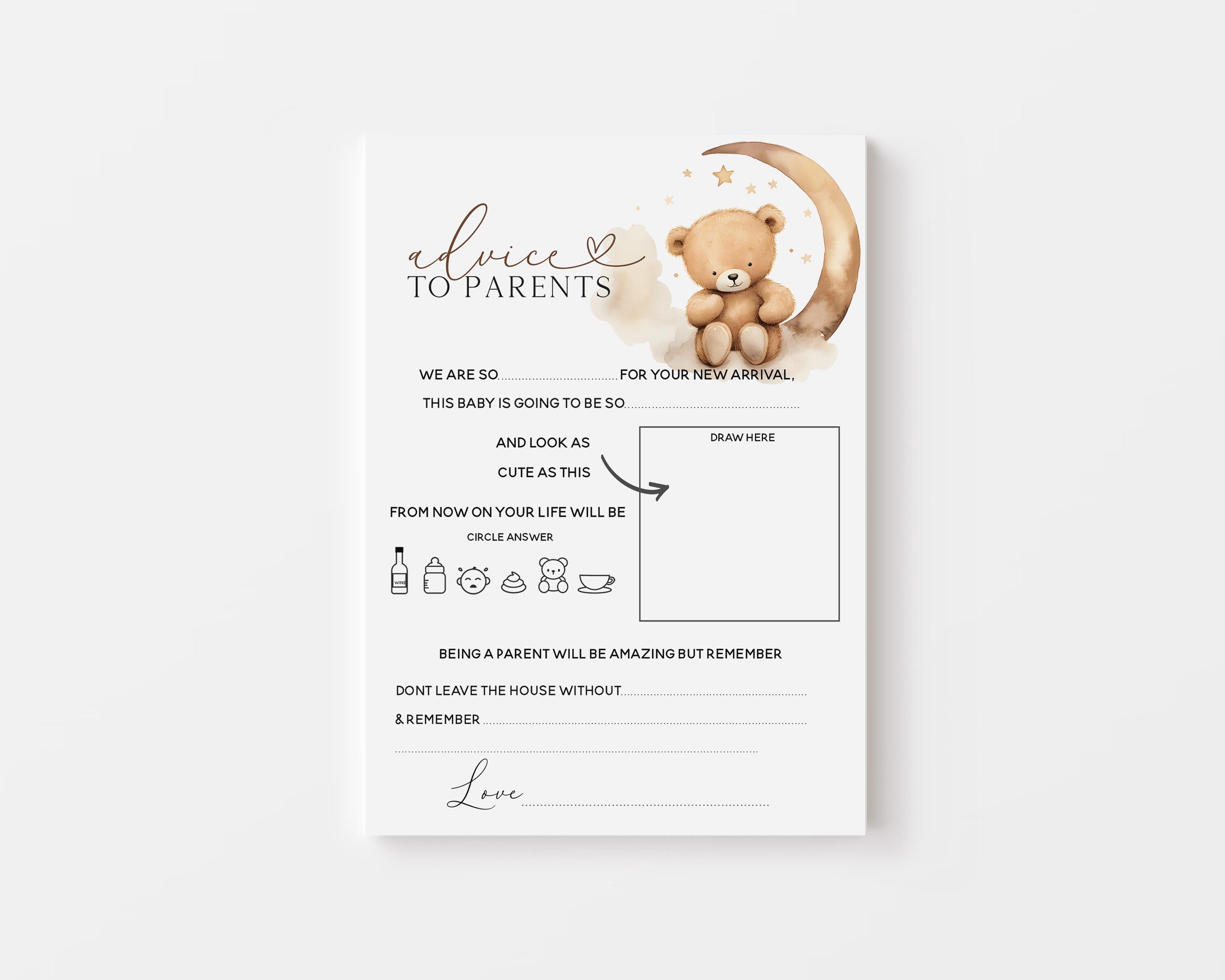 Baby Advice To Parents Cards-Teddy Bear Baby Shower-Neutral Theme-Baby Shower Games-Bear and Moon Design-Baby Sprinkle-Baby Advice Cards