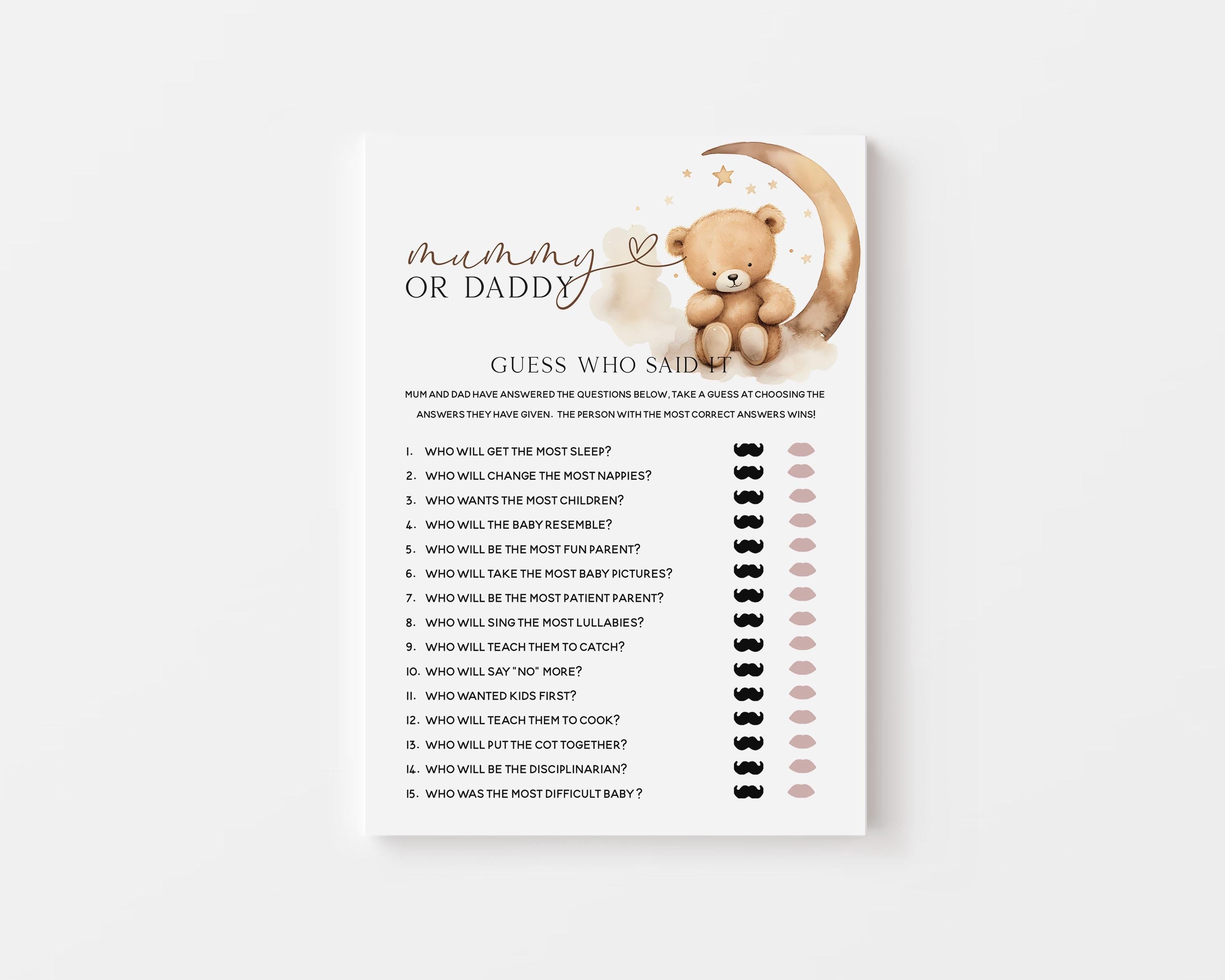 Mummy Or Daddy Baby Shower Cards-Teddy Bear Baby Shower-Neutral Theme-Baby Shower Games-Bear and Moon Design-Baby Sprinkle-He or She Game