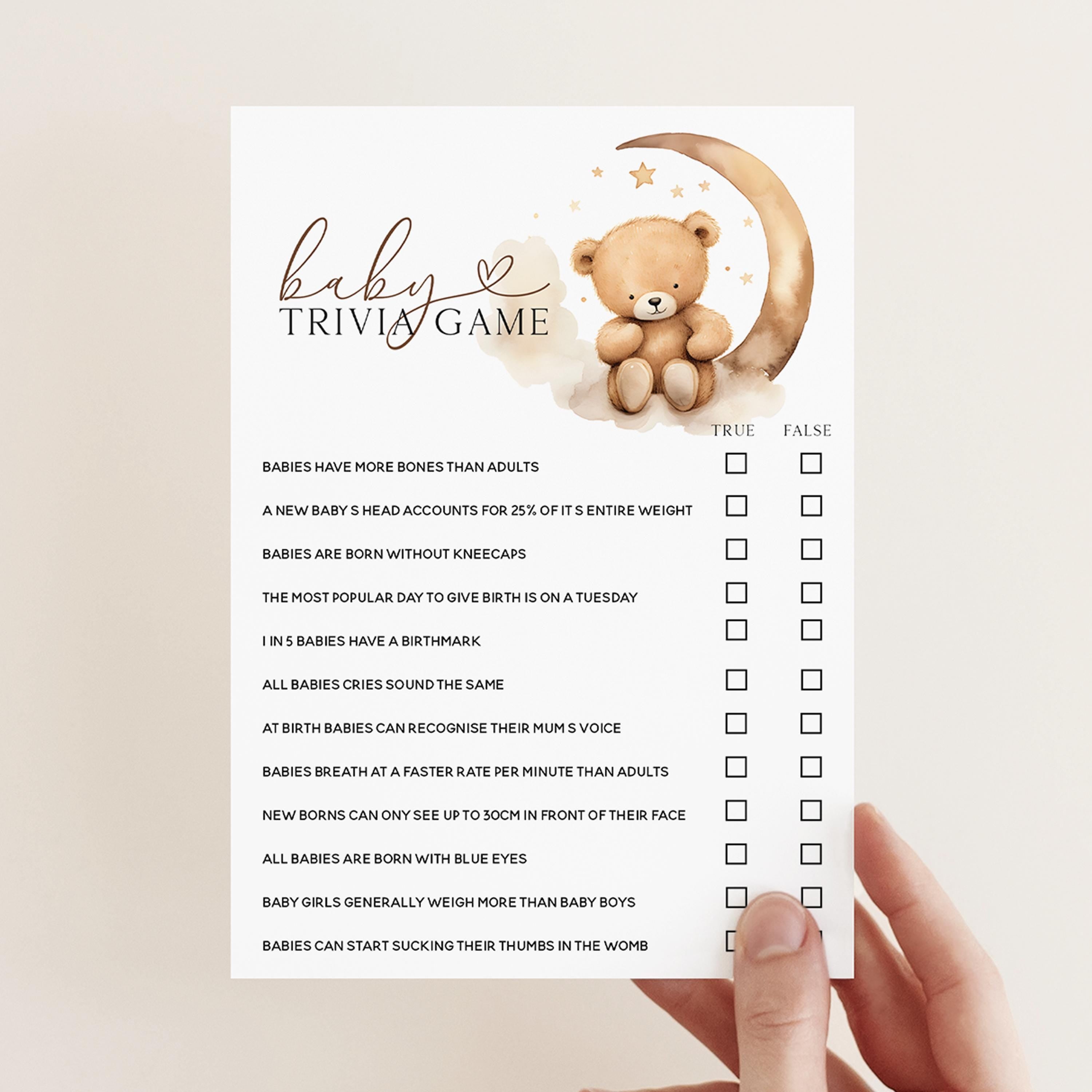 True or False Baby Shower Game Cards-Teddy Bear Baby Shower-Neutral Theme-Baby Shower Games-Bear and Moon Design-Baby Sprinkle-Baby Trivia
