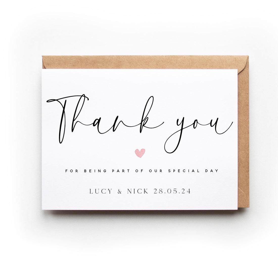 Personalised Wedding Thank You Cards Pink Heart Black & white Script