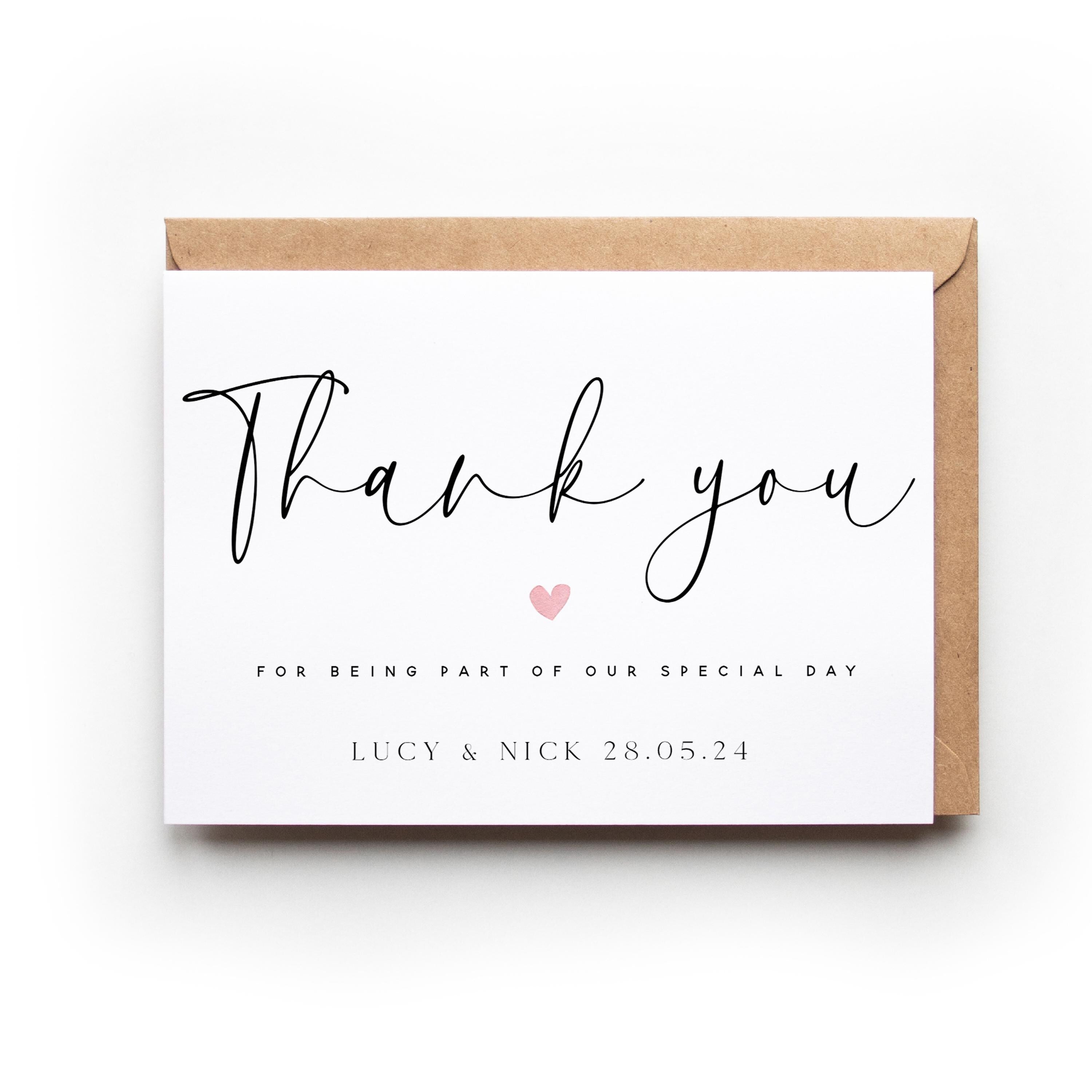 Personalised Wedding Thank You Cards Pink Heart Black & white Script