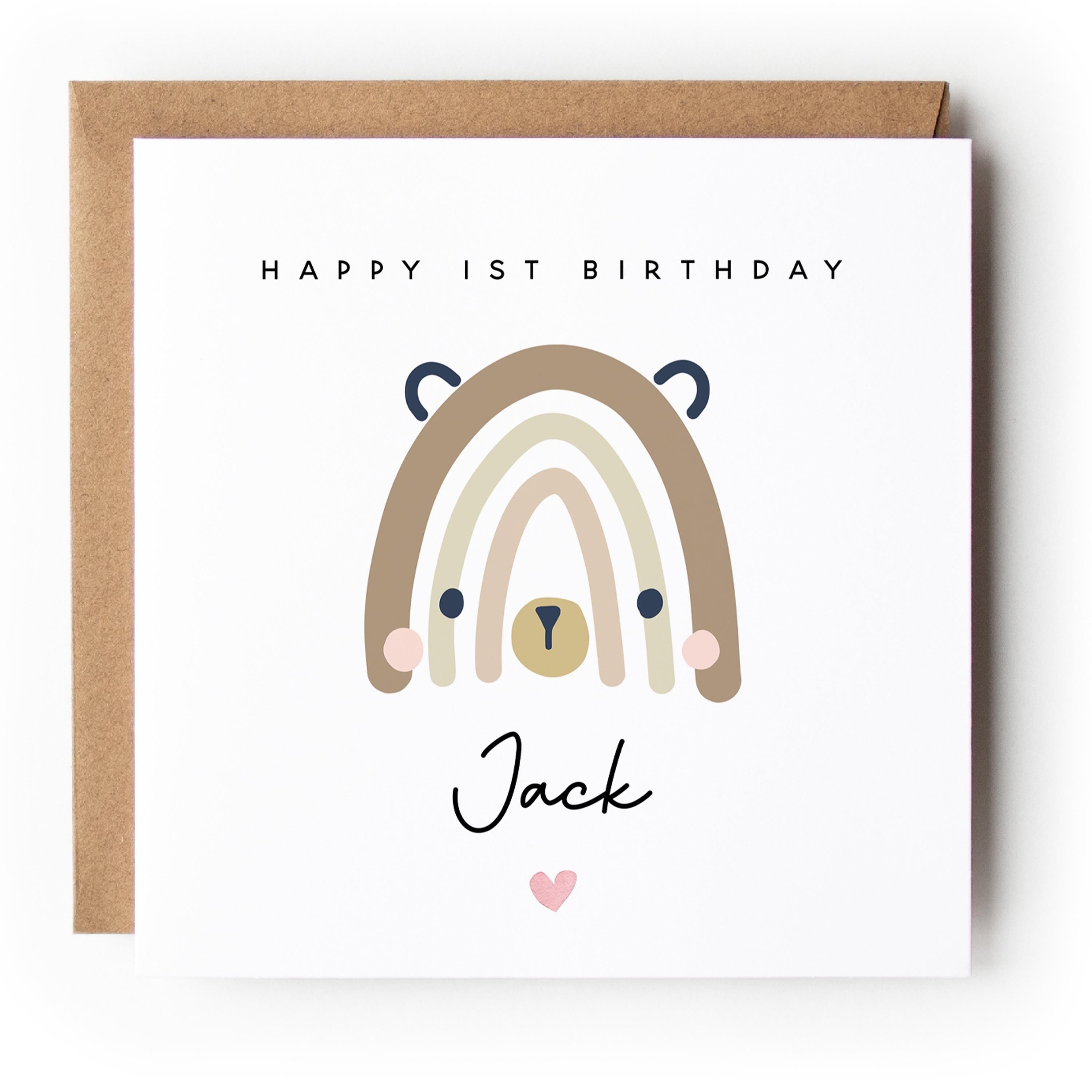 Personalised Bear Rainbow 1st Birthday Card