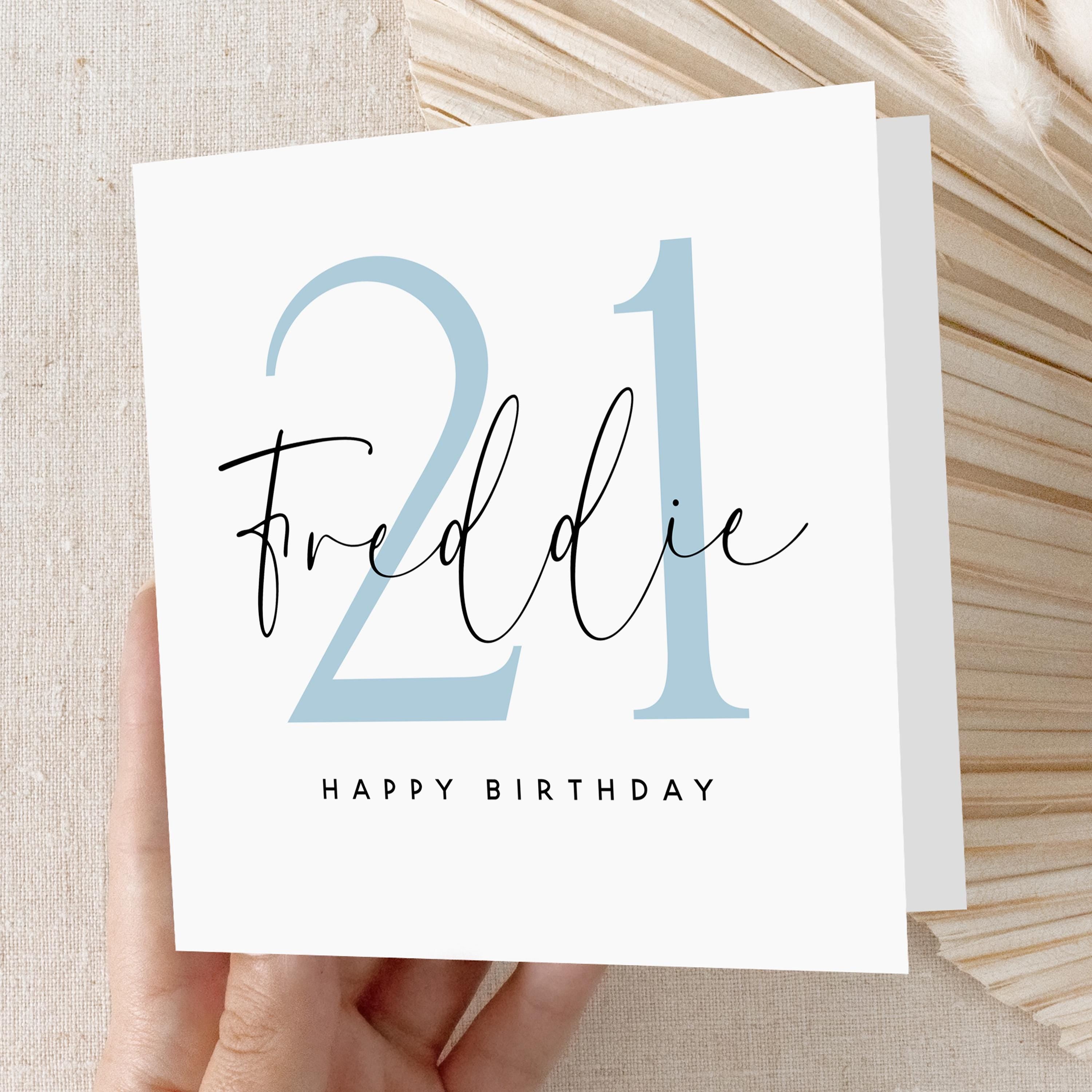 Personalised 21st Birthday Card, Special Milestone Card, Birthday For Son, Boyfriend,Script & Blue 21, Twenty First Minimal-Kraft Envelope