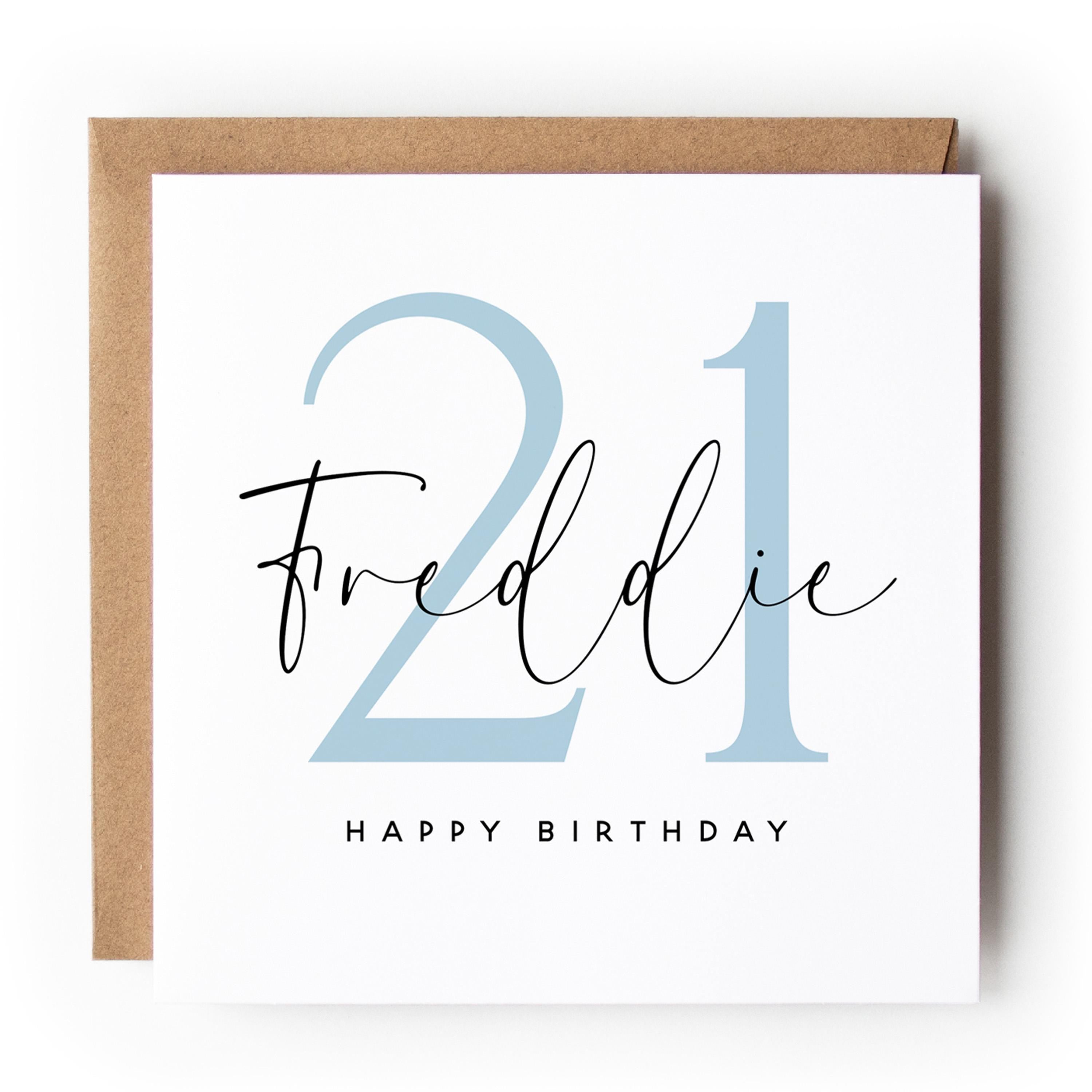 Personalised Blue Script 21st Birthday Card