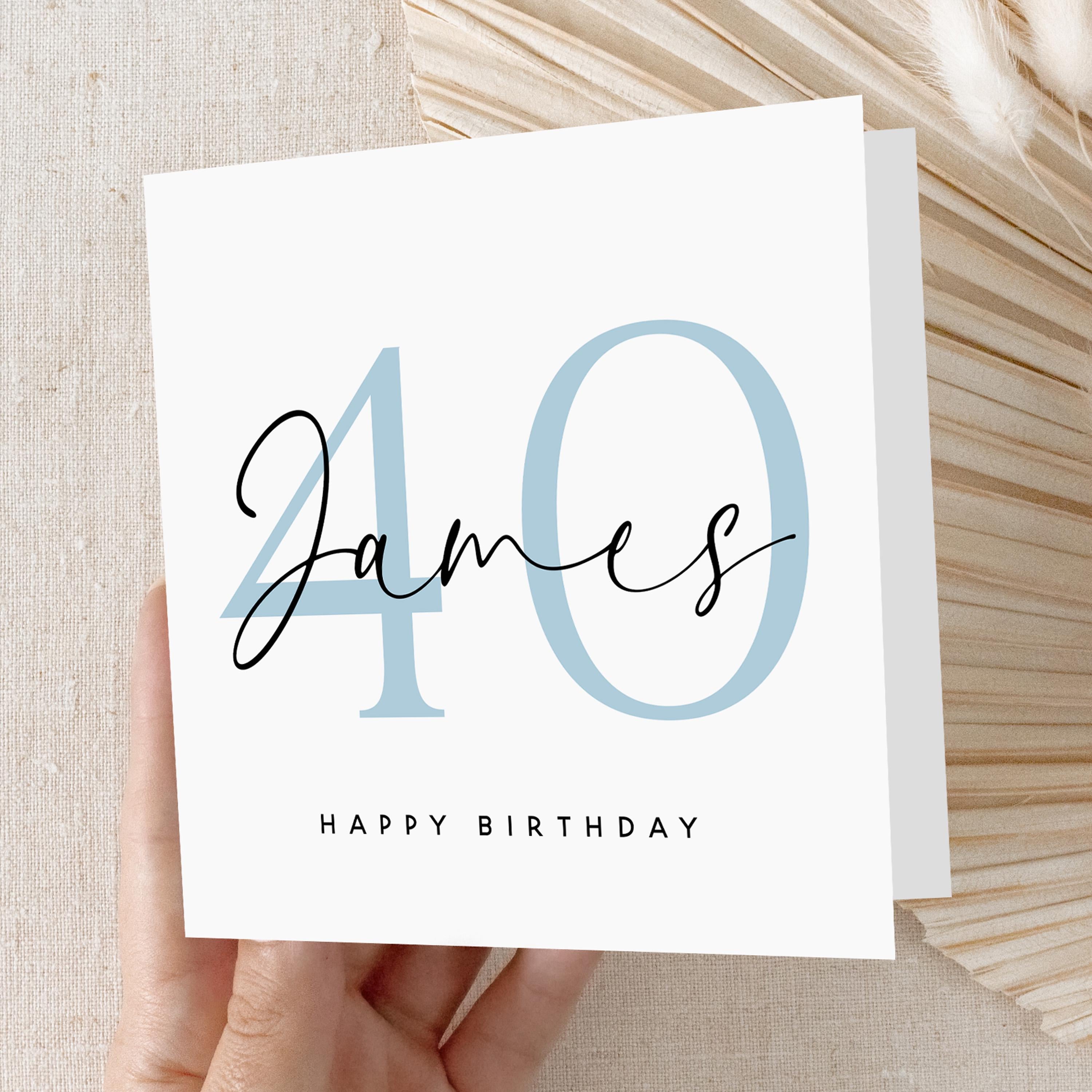 Personalised 40th Birthday Card, Special Milestone Card, Birthday For Son, Husband, Dad, Script & Blue 40, Forty Minimal-Kraft Envelope