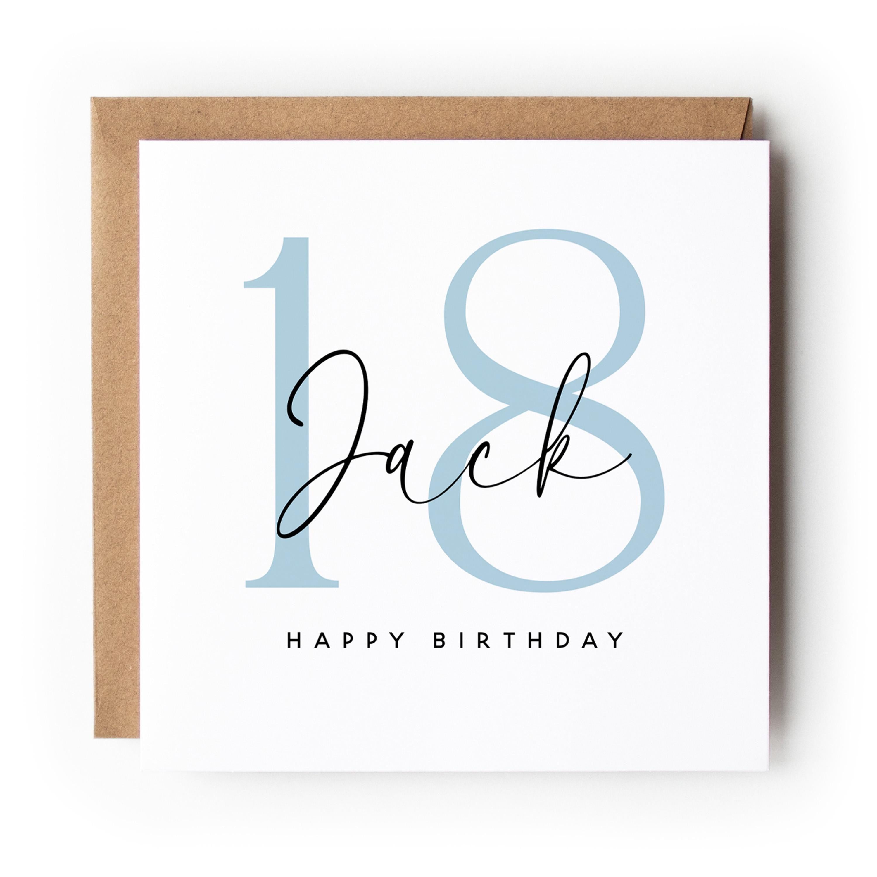 Personalised 18th Birthday Card, Special Milestone Card, Birthday For Son, Nephew, Grandson,Script & Blue 18,Eighteen Minimal-Kraft Envelope