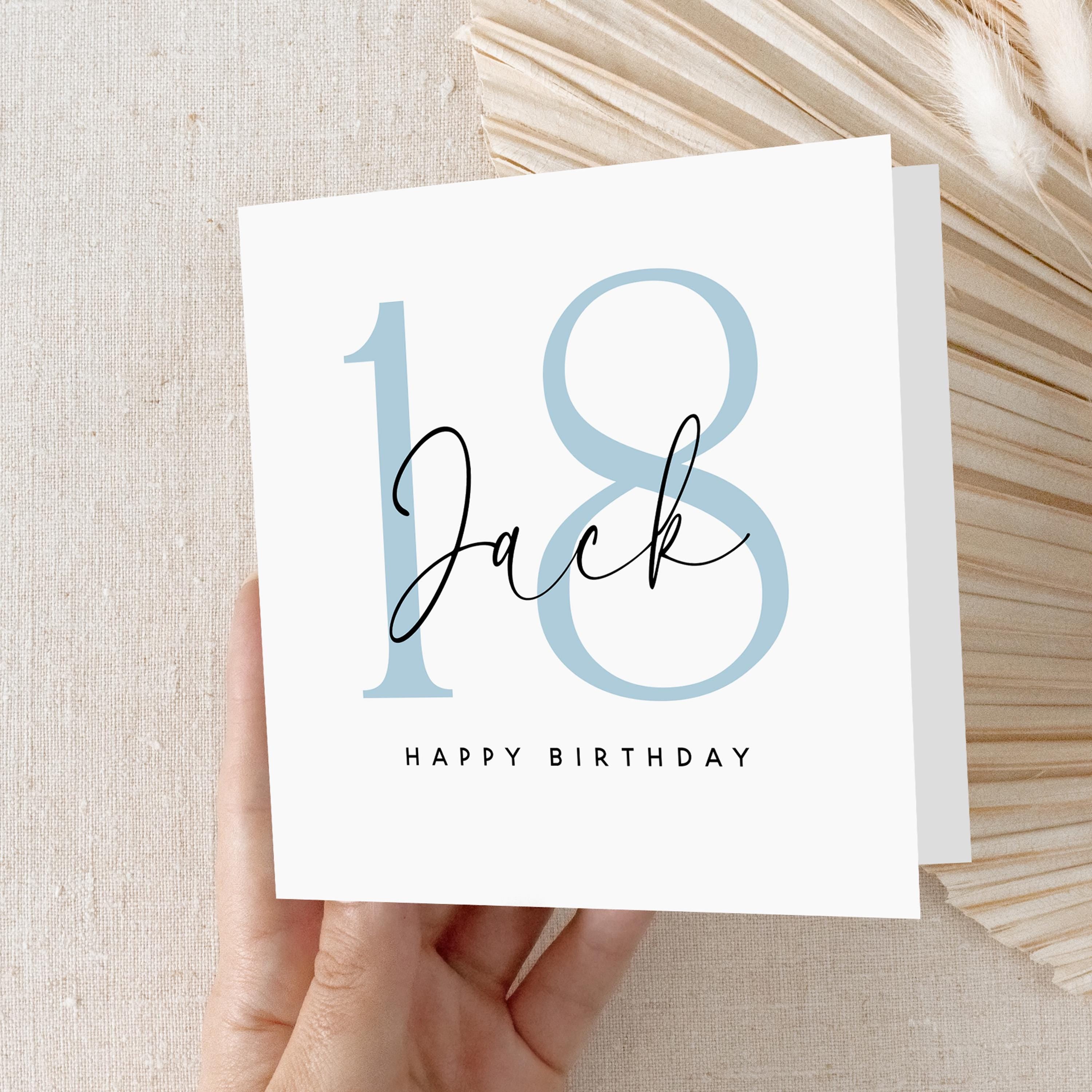 Personalised 18th Birthday Card, Special Milestone Card, Birthday For Son, Nephew, Grandson,Script & Blue 18,Eighteen Minimal-Kraft Envelope