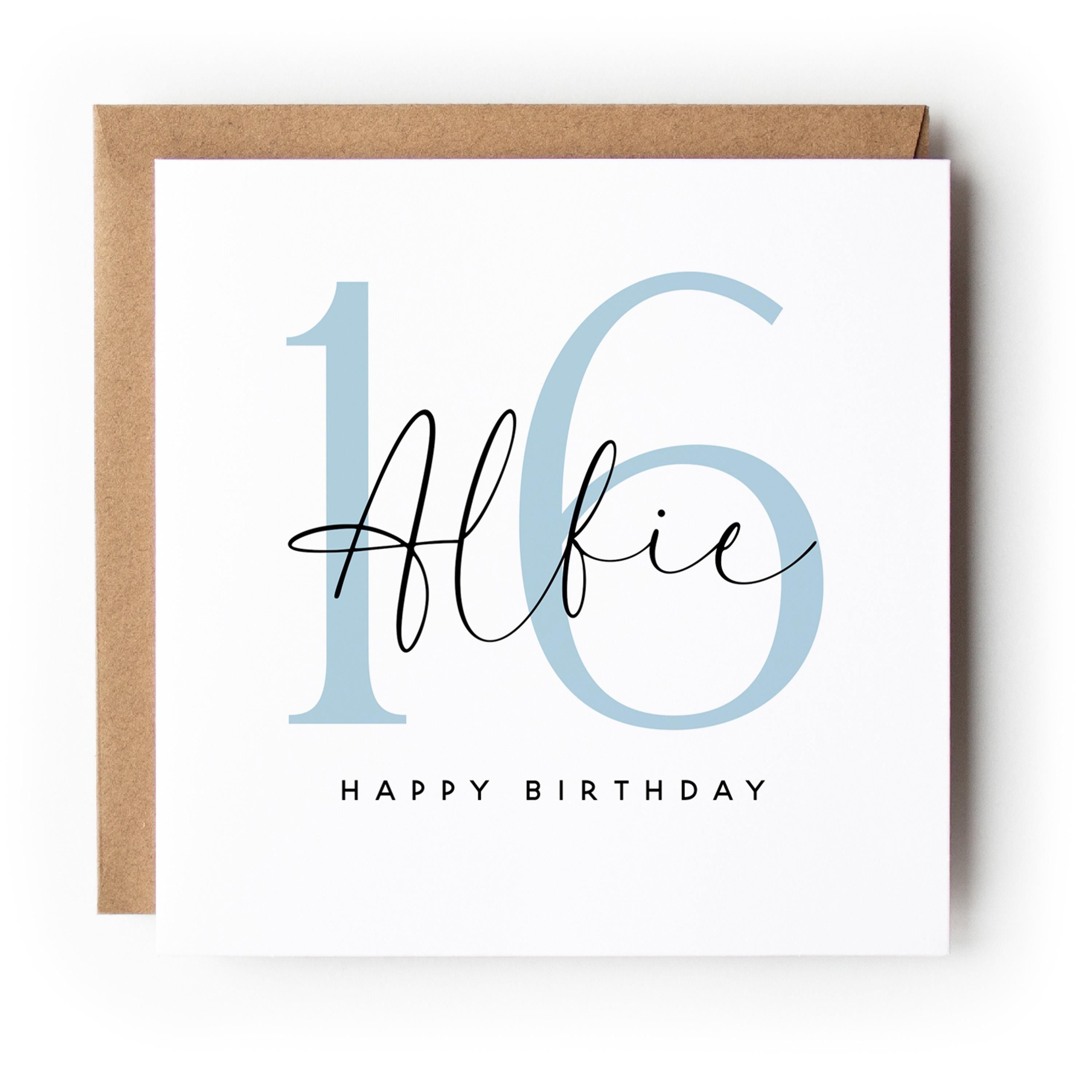 Personalised 16th Birthday Card, Special Milestone Card, Birthday For Son, Nephew, Grandson,Script & Blue 16,Eighteen Minimal-Kraft Envelope