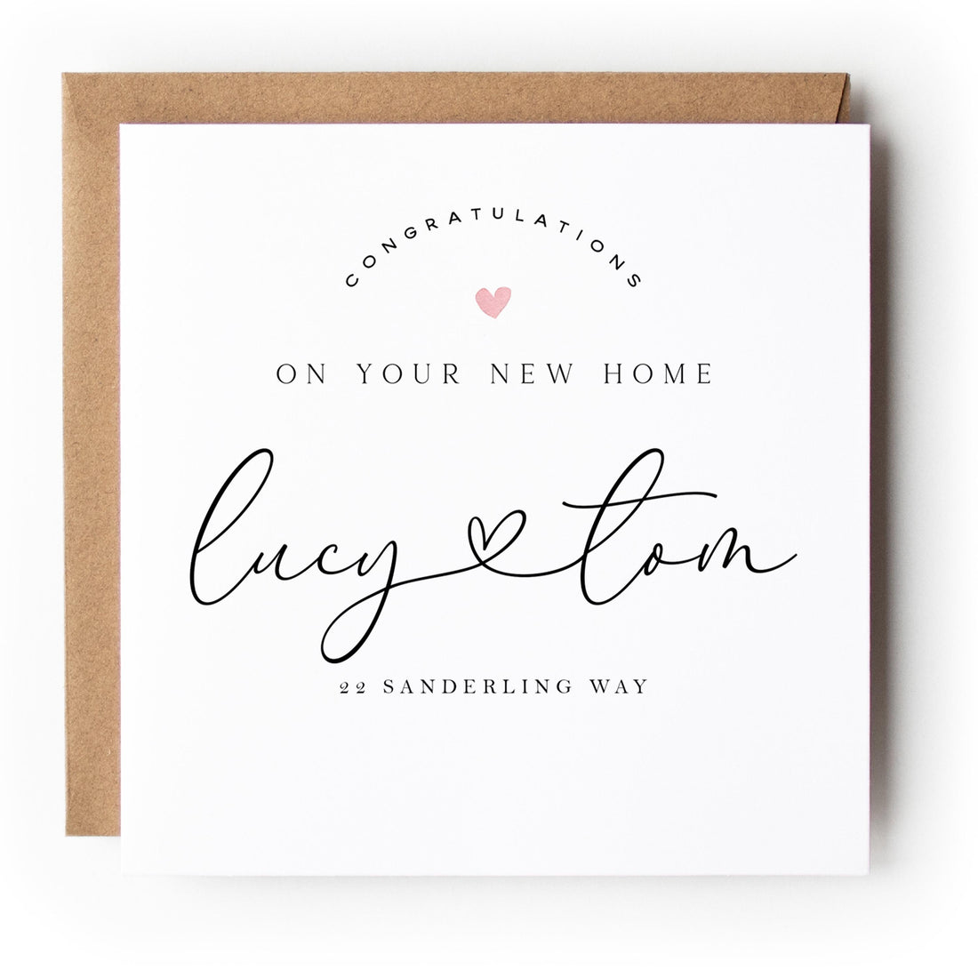 New Home Personalised Card Script & Pink Heart Design