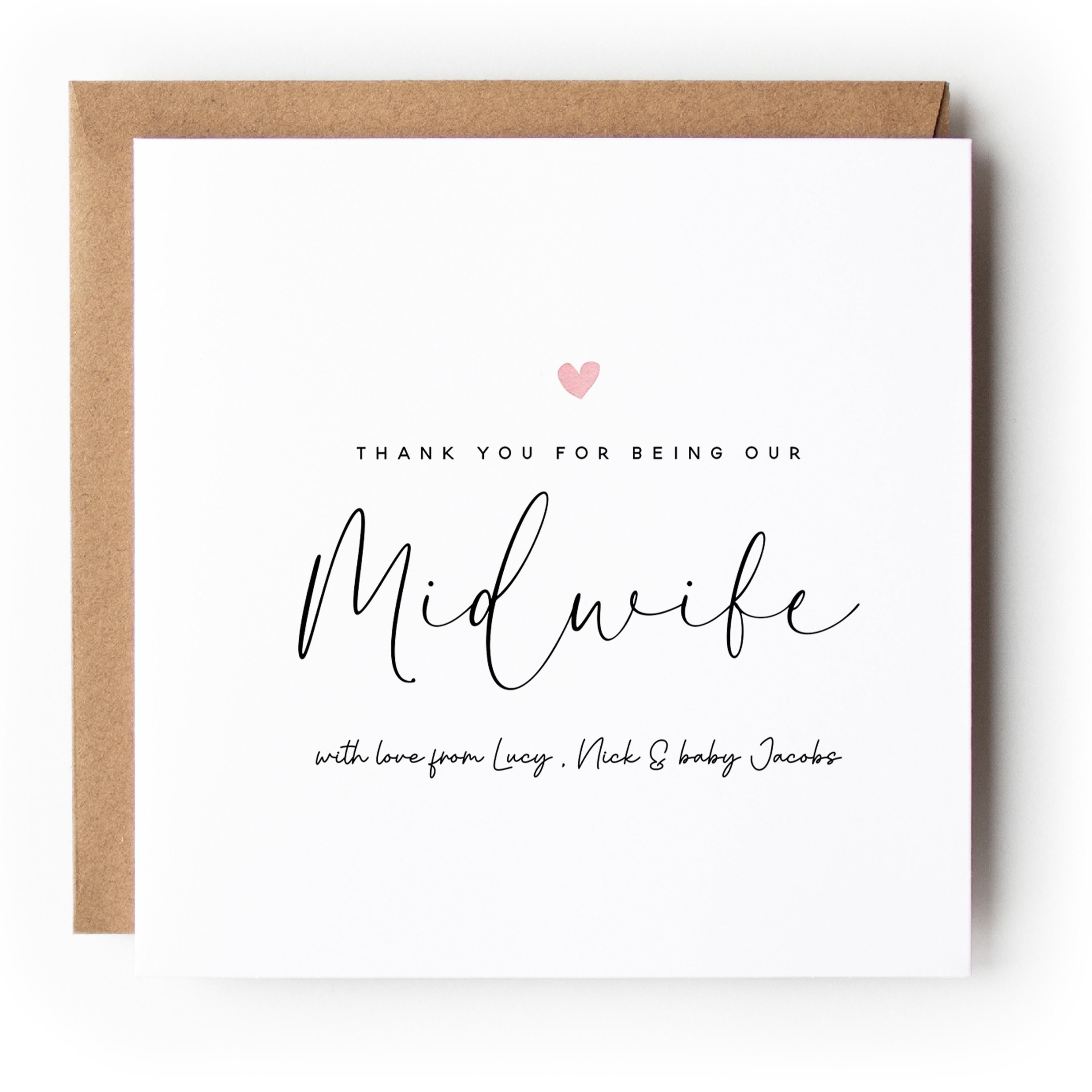 Personalised Midwife Thank You Card Minimal Script Pink Heart Design