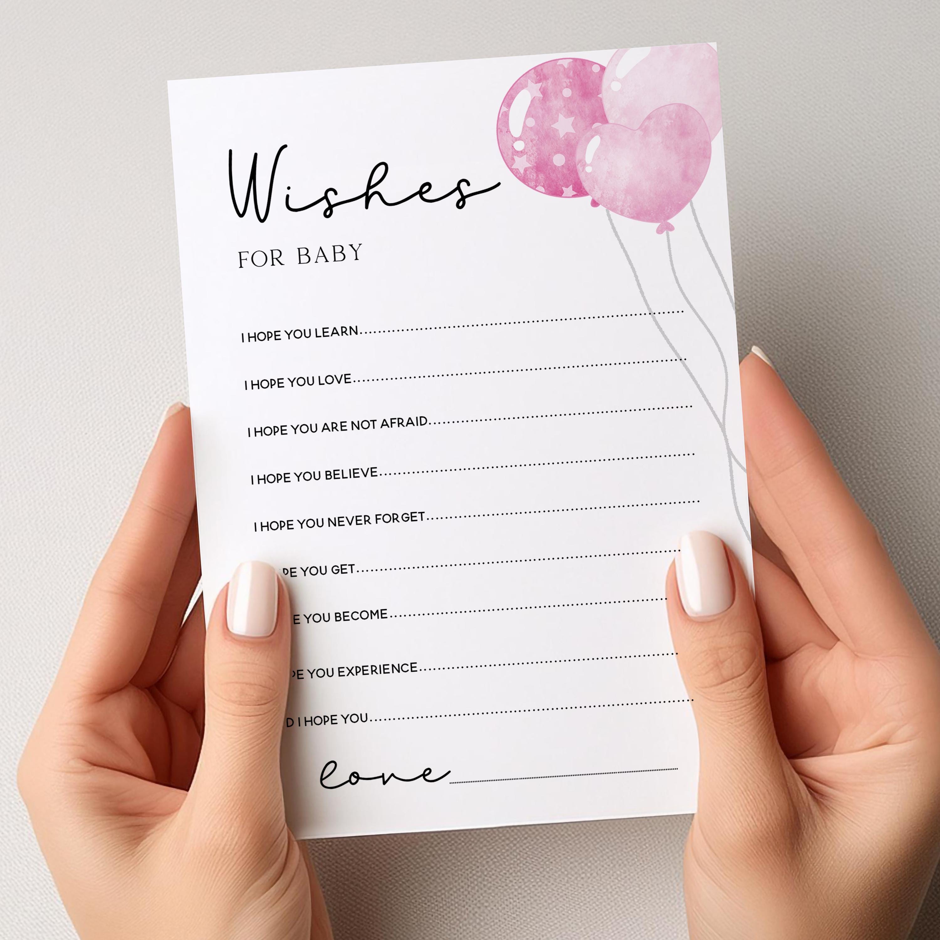 Pink Wishes For Baby Cards-Pink Balloon Baby Shower Cards-Baby Shower Games Girl-Baby Shower Card-Baby Shower Game Pack Pink-New Mum Wishes