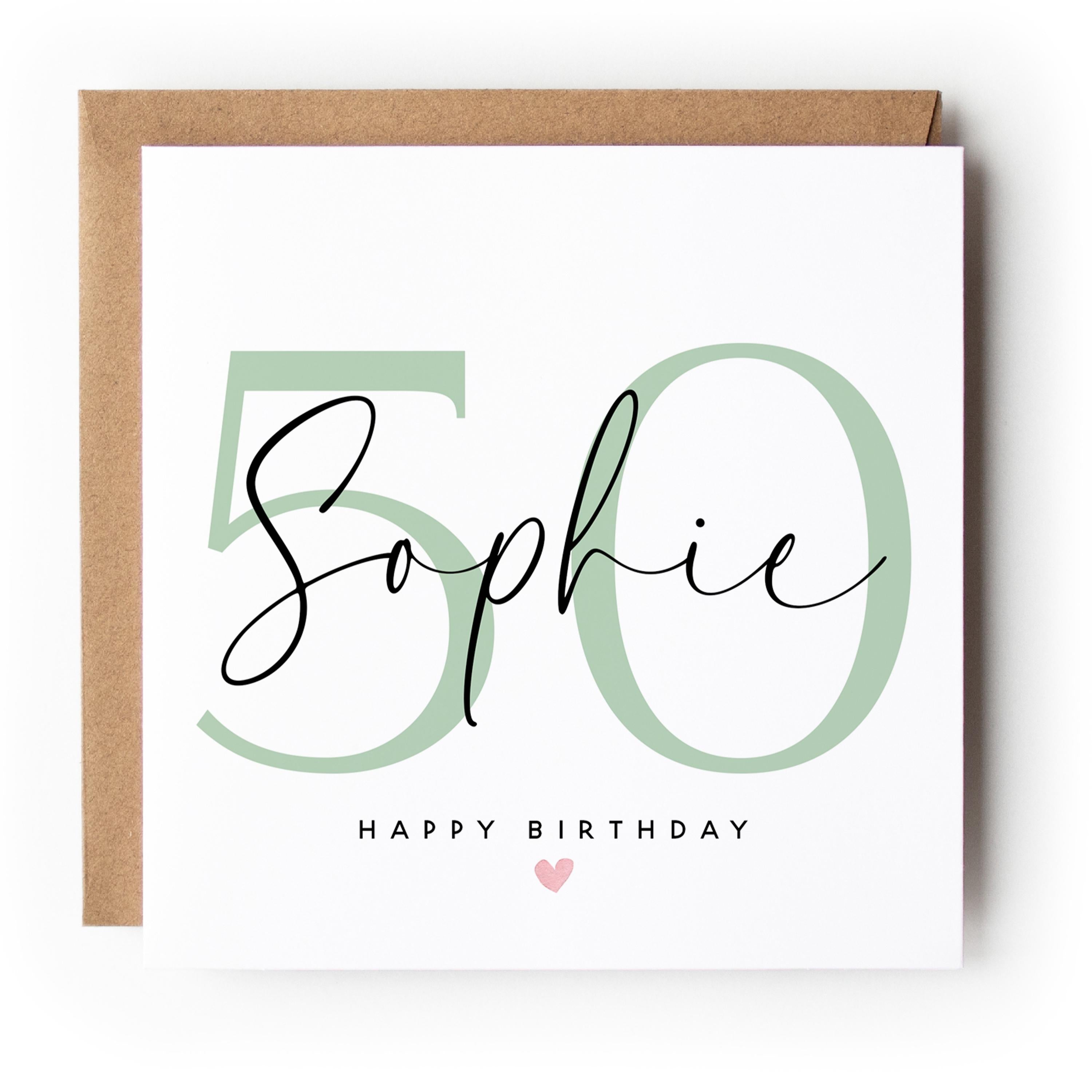 Personalised 50th Birthday Card, Special Milestone Card, Birthday For Daughter, Script & Sage Green 50, Fiftieth Minimal-Kraft Envelope