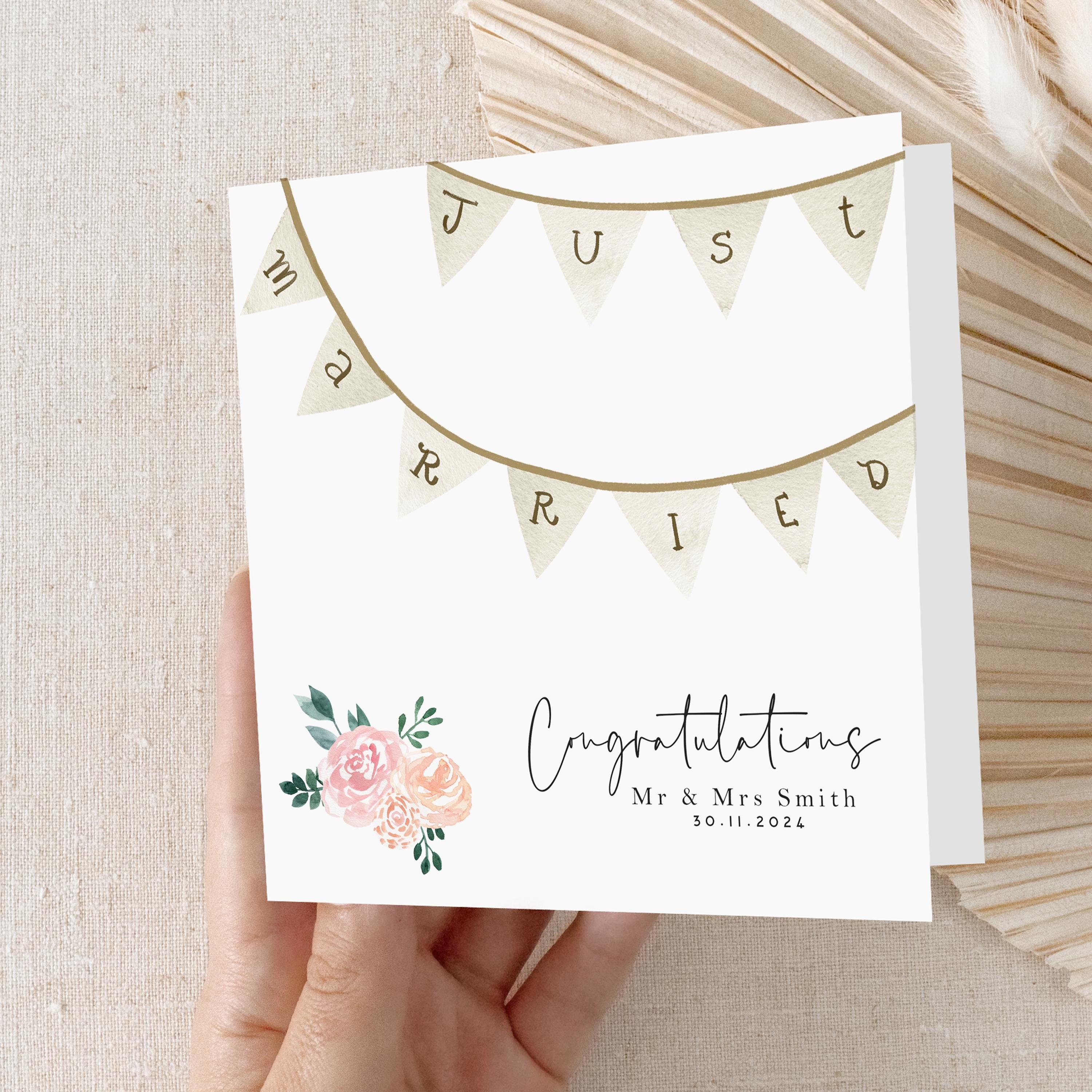 Personalised Wedding Card,Congratulations Just Married Card,Newlyweds,Mr & Mrs,Wedding Day Keepsake,Vintage Bunting, Kraft Envelope Included