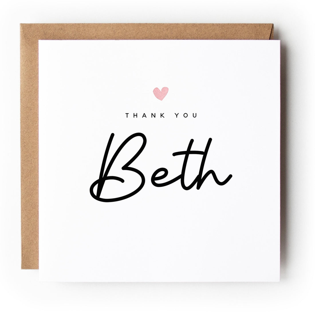 Personalised Thank You Card, Card For Friend, Card For Mum Dad, Appreciation Card, Bestie, Script Font & Pink Heart,,Minimal-Kraft Envelope