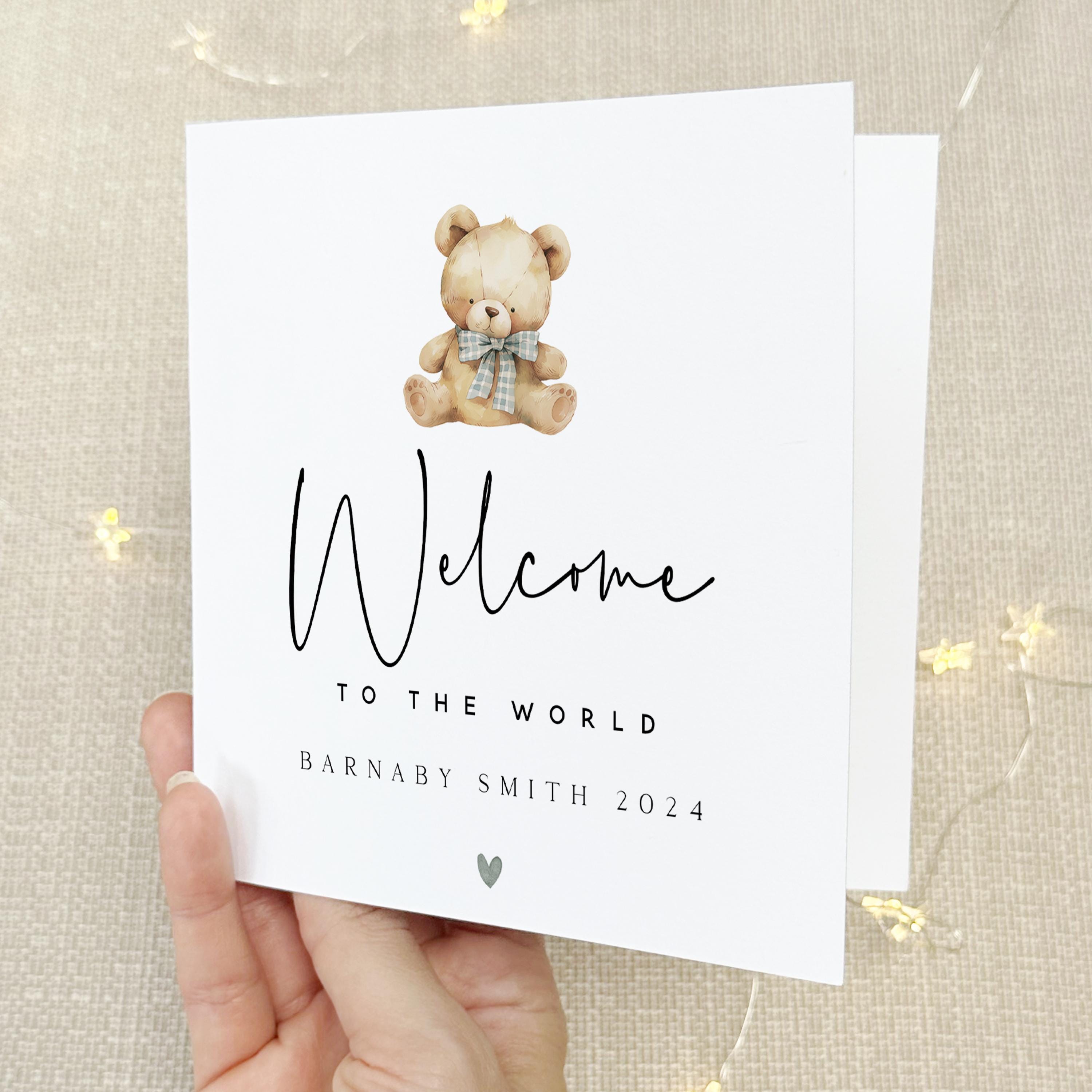 Personalised New Baby Card, Welcome To The World Teddy Card, Boy Or Girl, New Baby Card, Congratulations New Parents, Kraft Envelope