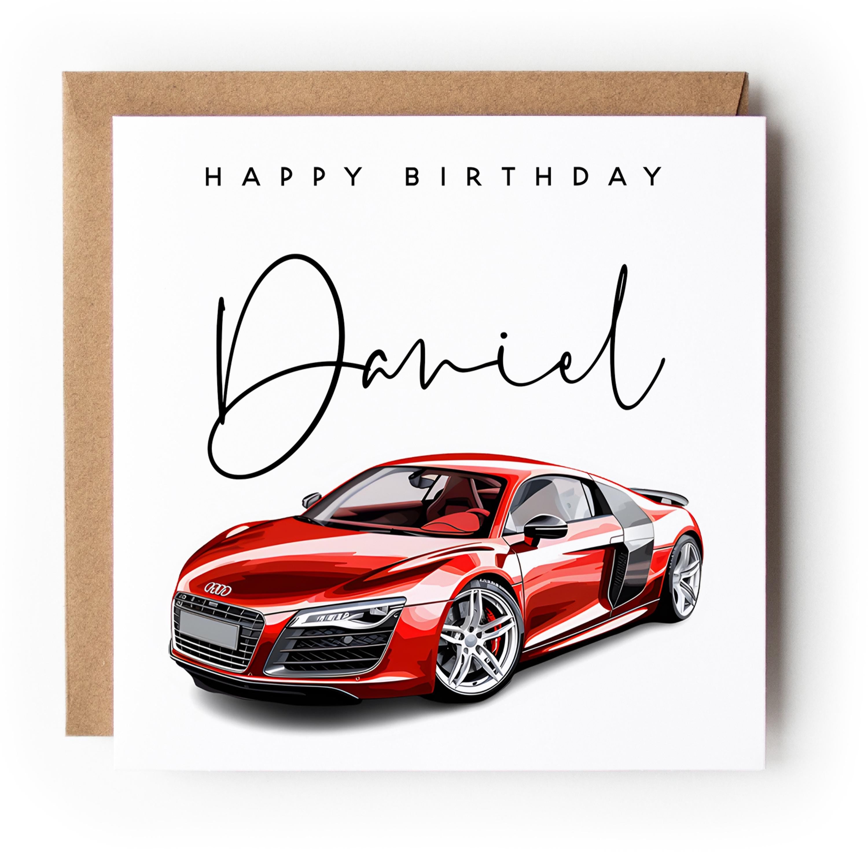 Personalised Car Birthday Card, Birthday Card For Son, Nephew, Grandson, Red Racing Car Card Design-Kraft Envelope