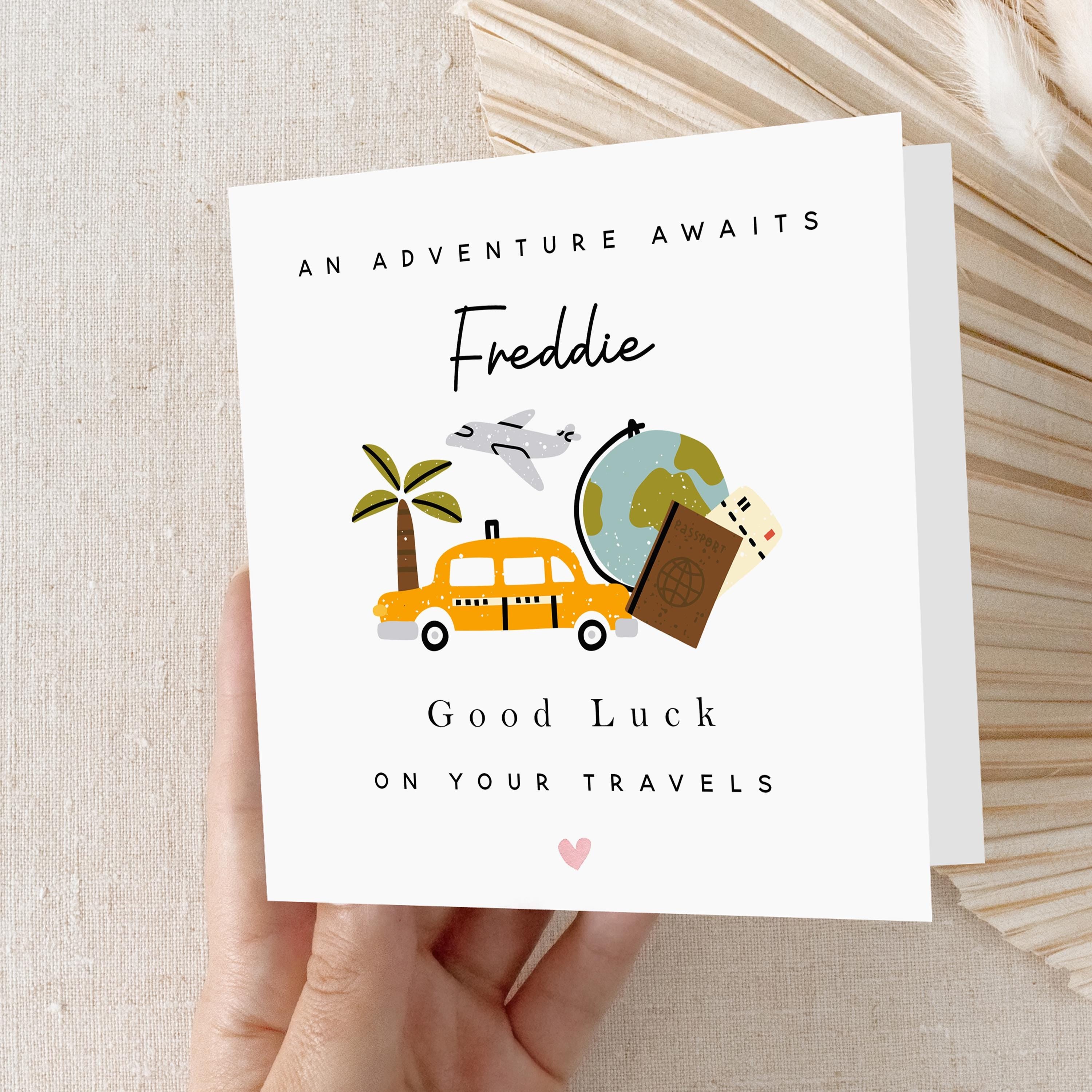 Personalised Good Luck Card-Travelling Card-Gap Year Card-Bon Voage-Safe Travels-Card For Son- Card For Daughter-Adventure Awaits-Envelope
