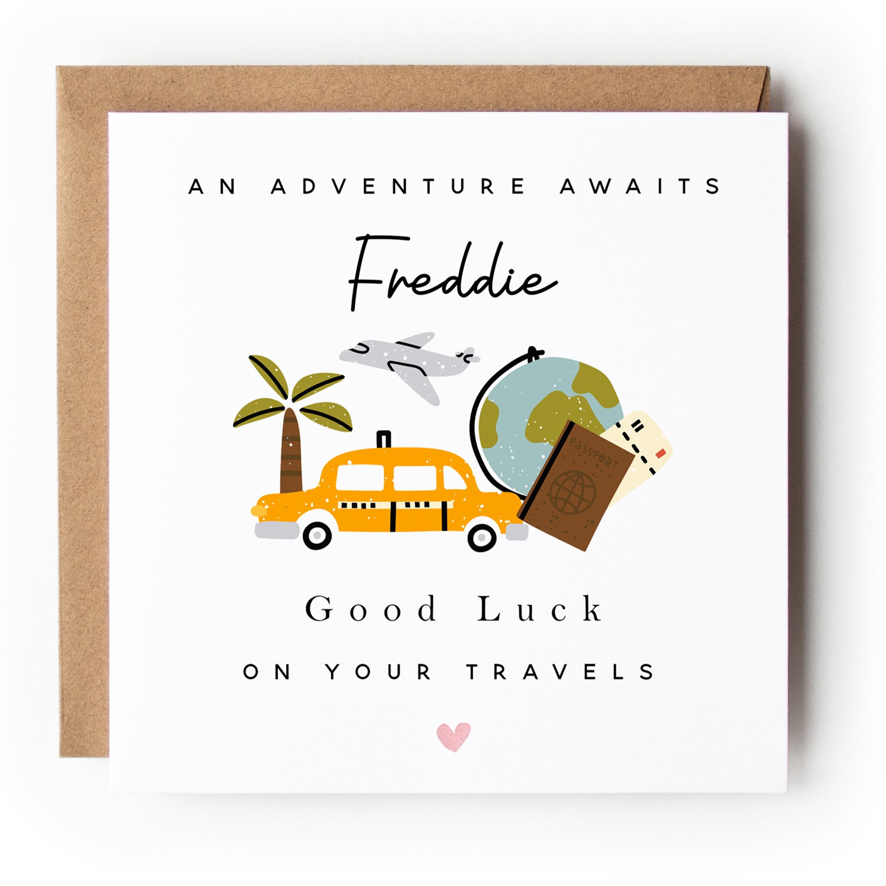 Personalised Good Luck Card-Travelling Card-Gap Year Card-Bon Voage-Safe Travels-Card For Son- Card For Daughter-Adventure Awaits-Envelope