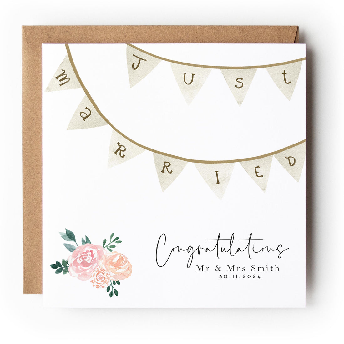 Personalised Wedding Card,Congratulations Just Married Card,Newlyweds,Mr & Mrs,Wedding Day Keepsake,Vintage Bunting, Kraft Envelope Included