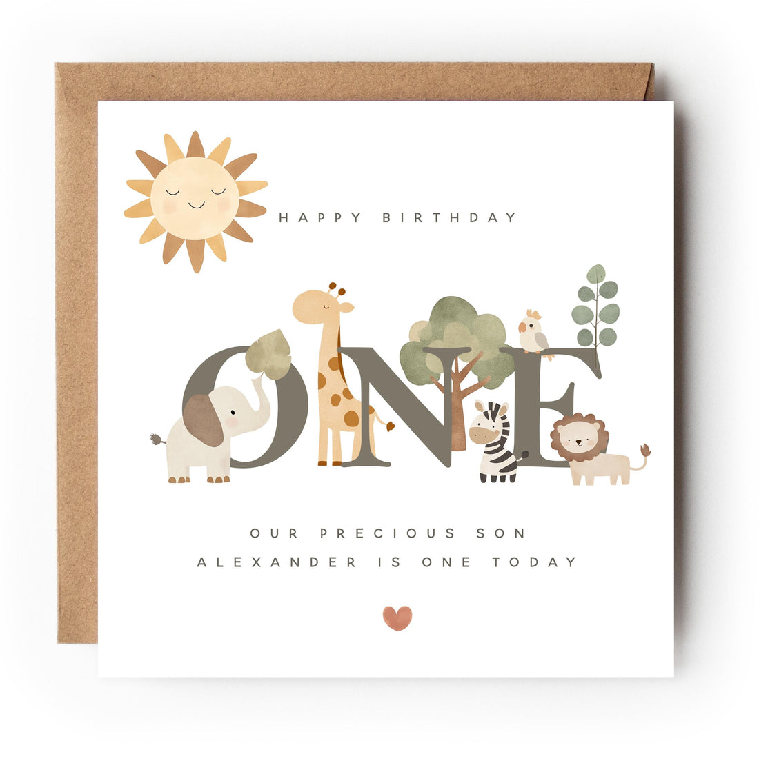 1st Birthday Card, Personalised Birthday Card, First Birthday, Unisex First Birthday Card, Safari Animals, Kraft Envelope Included