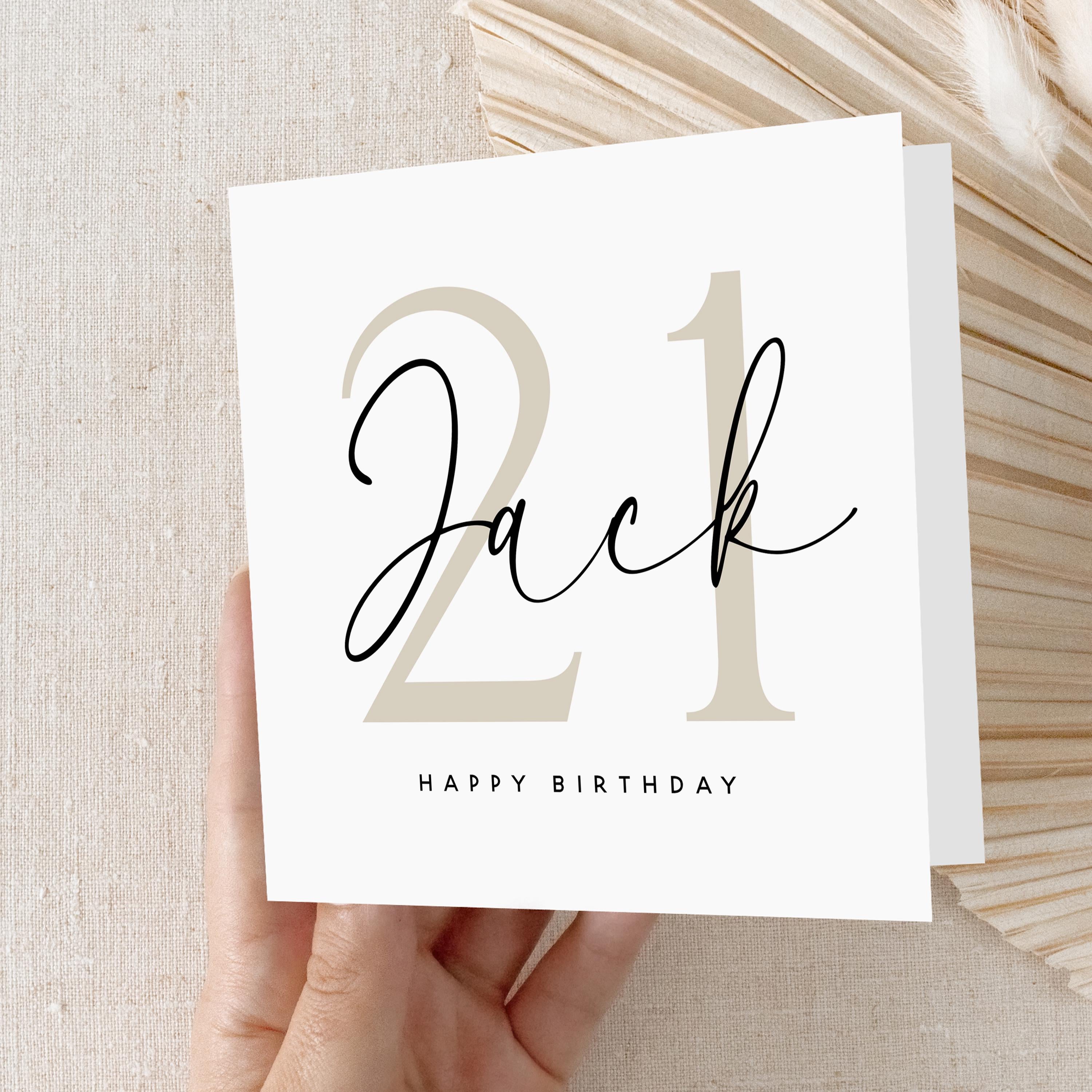 Personalised 21st Birthday Card, Special Milestone Card, Birthday For Son, Boyfriend, Script & Beige 21, Twenty First Minimal-Kraft Envelope