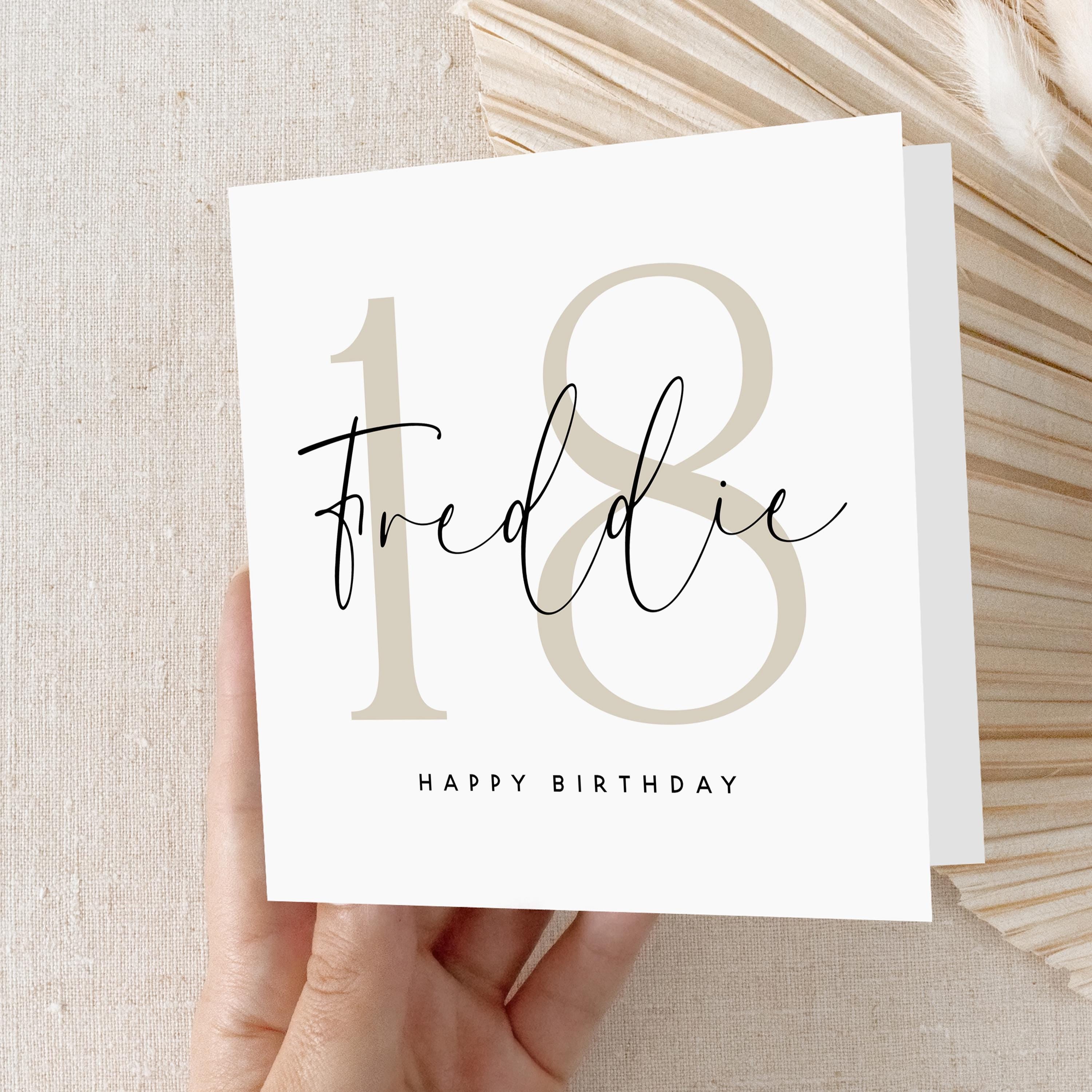 Personalised 18th Birthday Card, Special Milestone Card, Birthday For Son, Nephew,Grandson,Script & Beige 18,Eighteen Minimal-Kraft Envelope