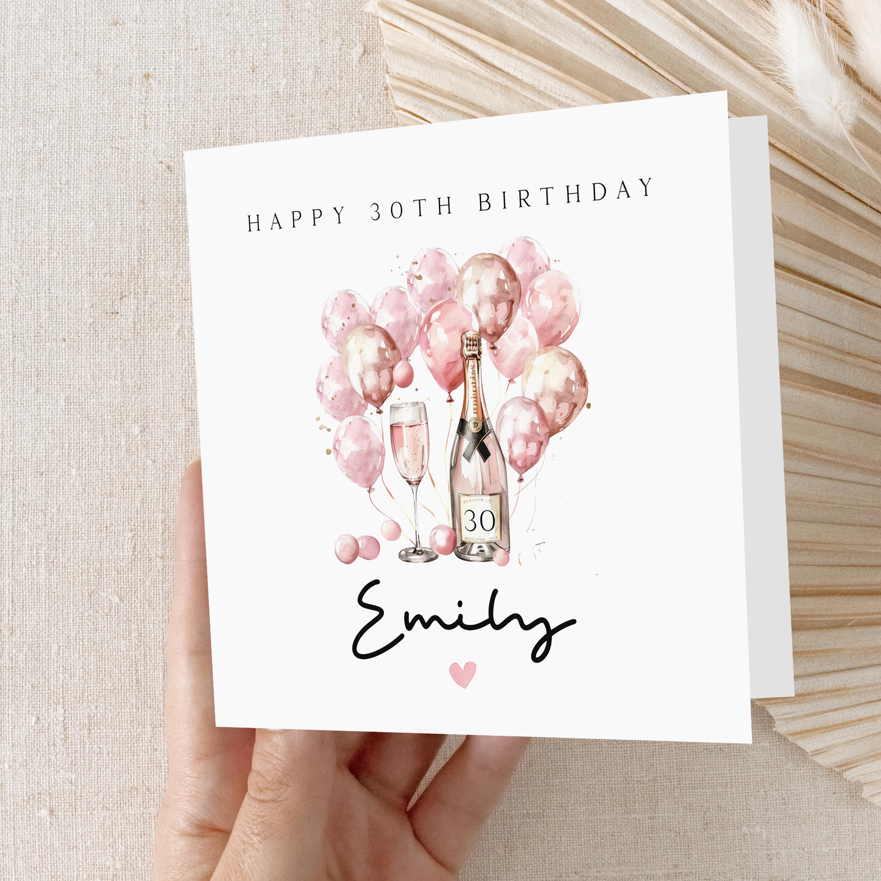 Personalised 30th Birthday Card, Special Milestone Card, Birthday Card For Wife, Sister, Daughter, Auntie, Champagne & Pink 30 Balloon