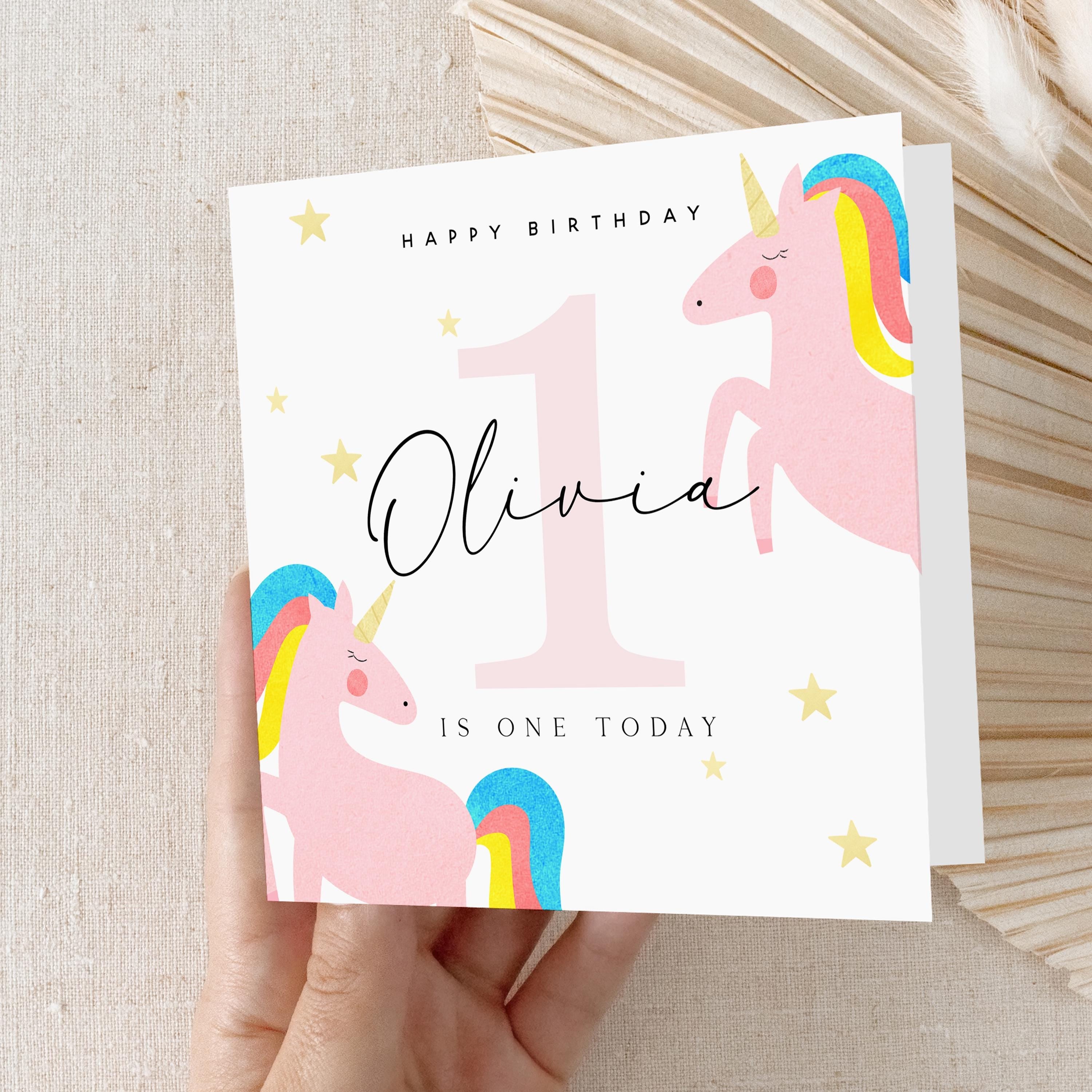 Personalised Birthday Card, Girls Birthday Cards, Unicorn 1st Birthday, Age 1, Daughter, Granddaughter, Niece Birthday Card, Kraft Envelope