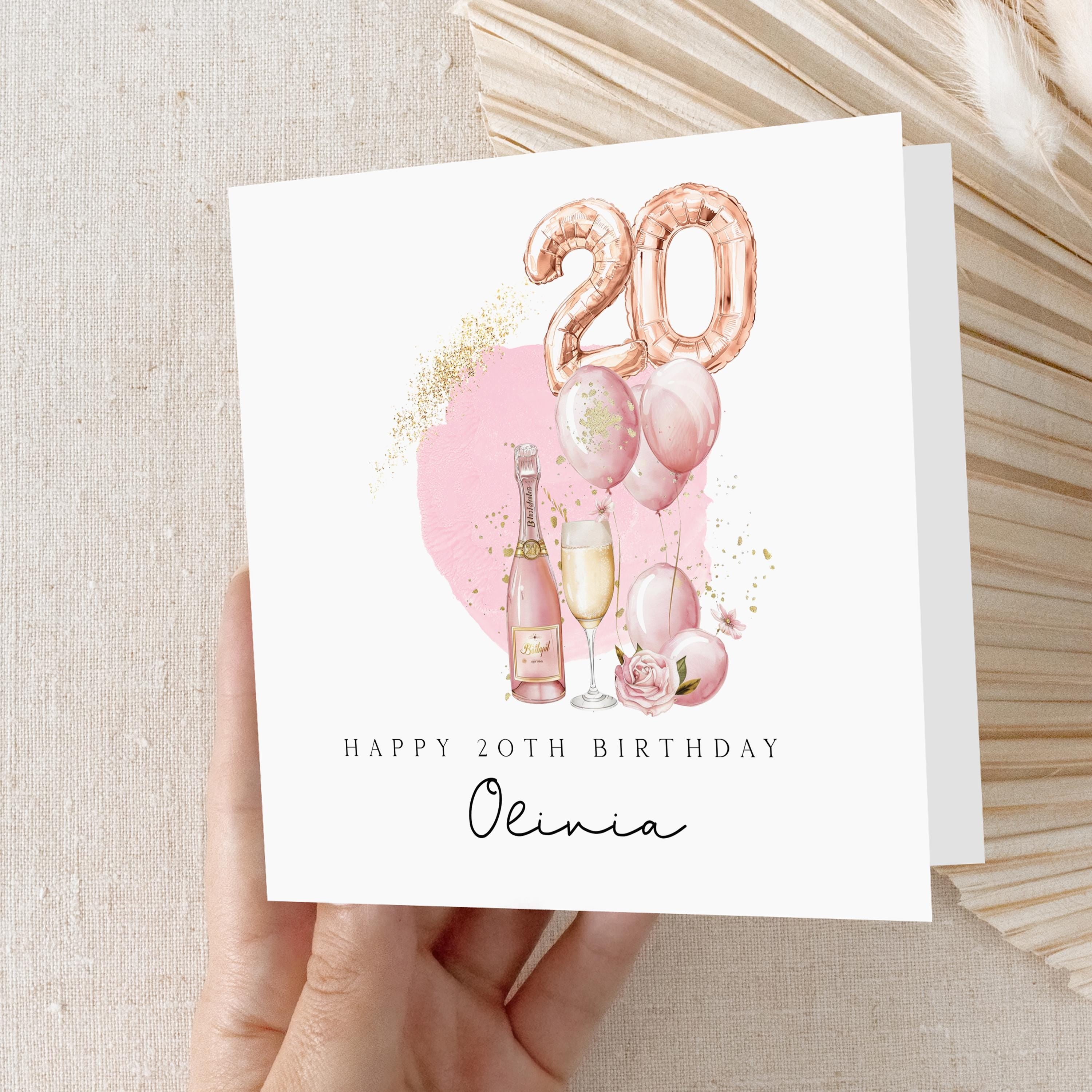 Personalised 20th Birthday Card, Special Milestone Card, Birthday Card For Wife, Sister, Daughter, Auntie, Champagne & Pink 20 Foil Balloon