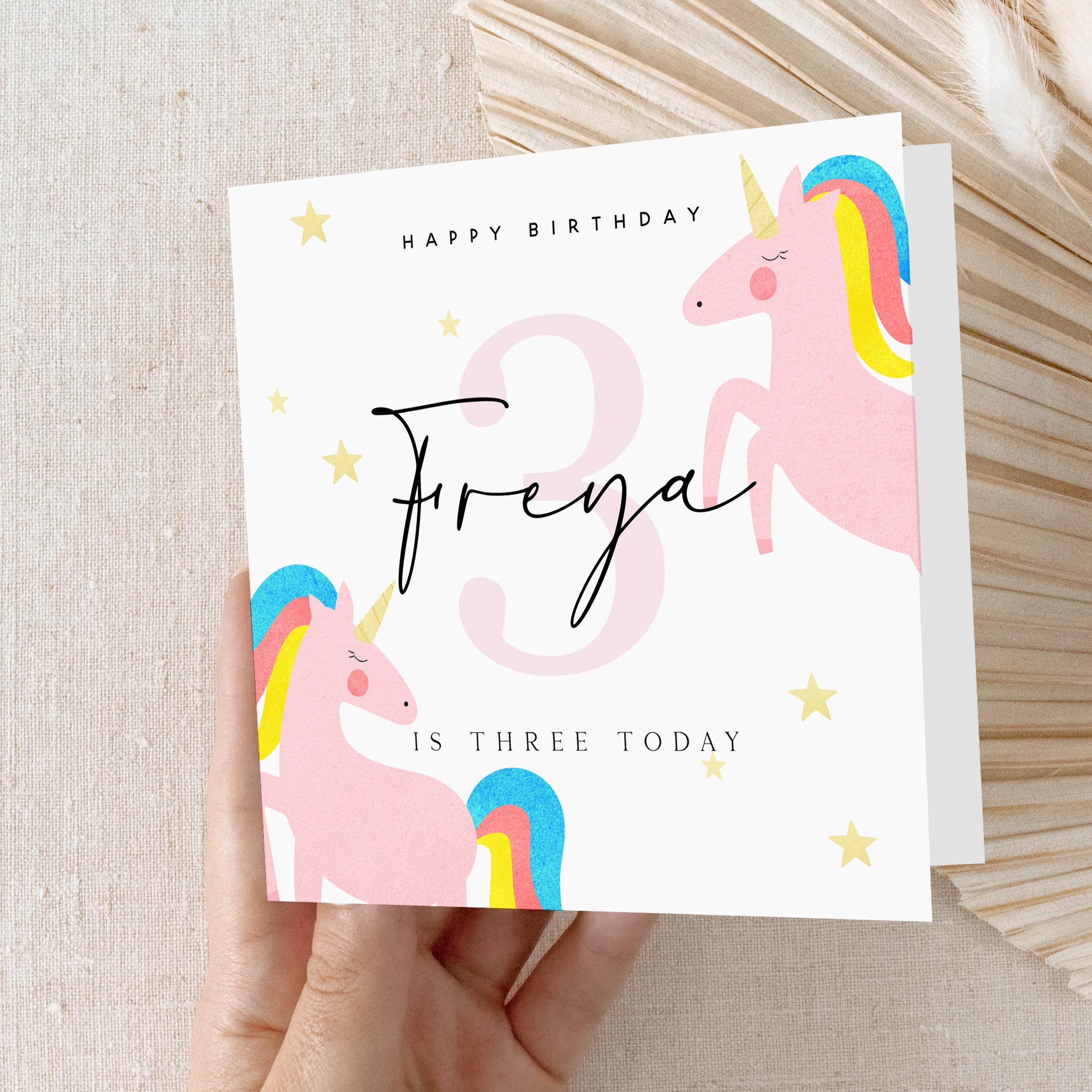 Girls Birthday Card, Unicorn Personalised Birthday Cards, 3rd Birthday, Age 3, Daughter, Granddaughter, Niece Birthday Card, Kraft Envelope
